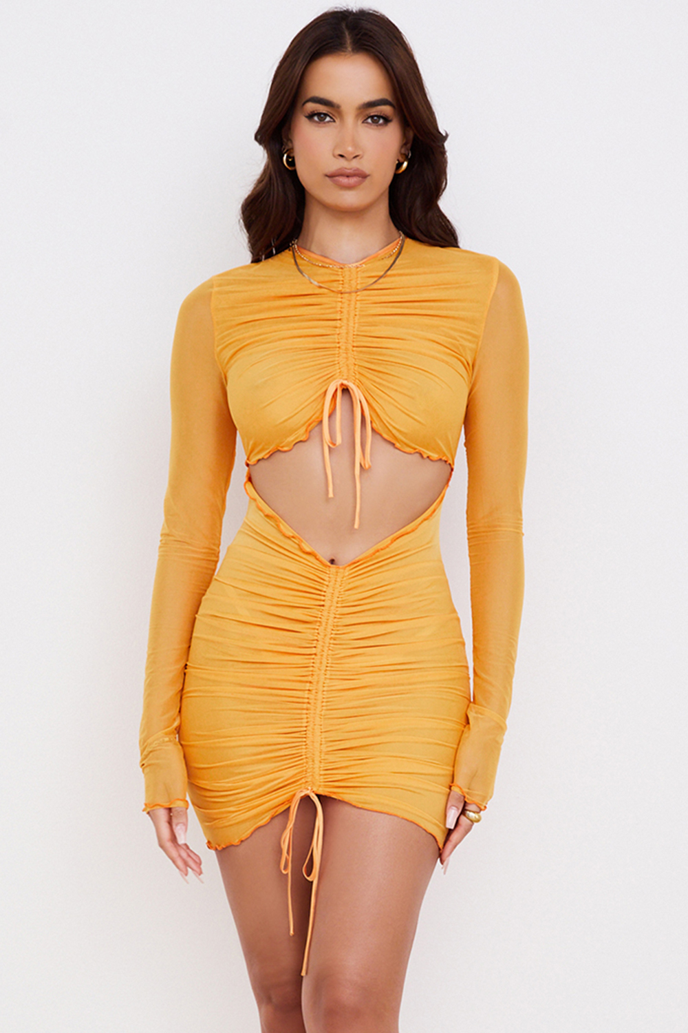 Jeanelle Orange Ruched Mesh Long Sleeve Cutout Mini Dress