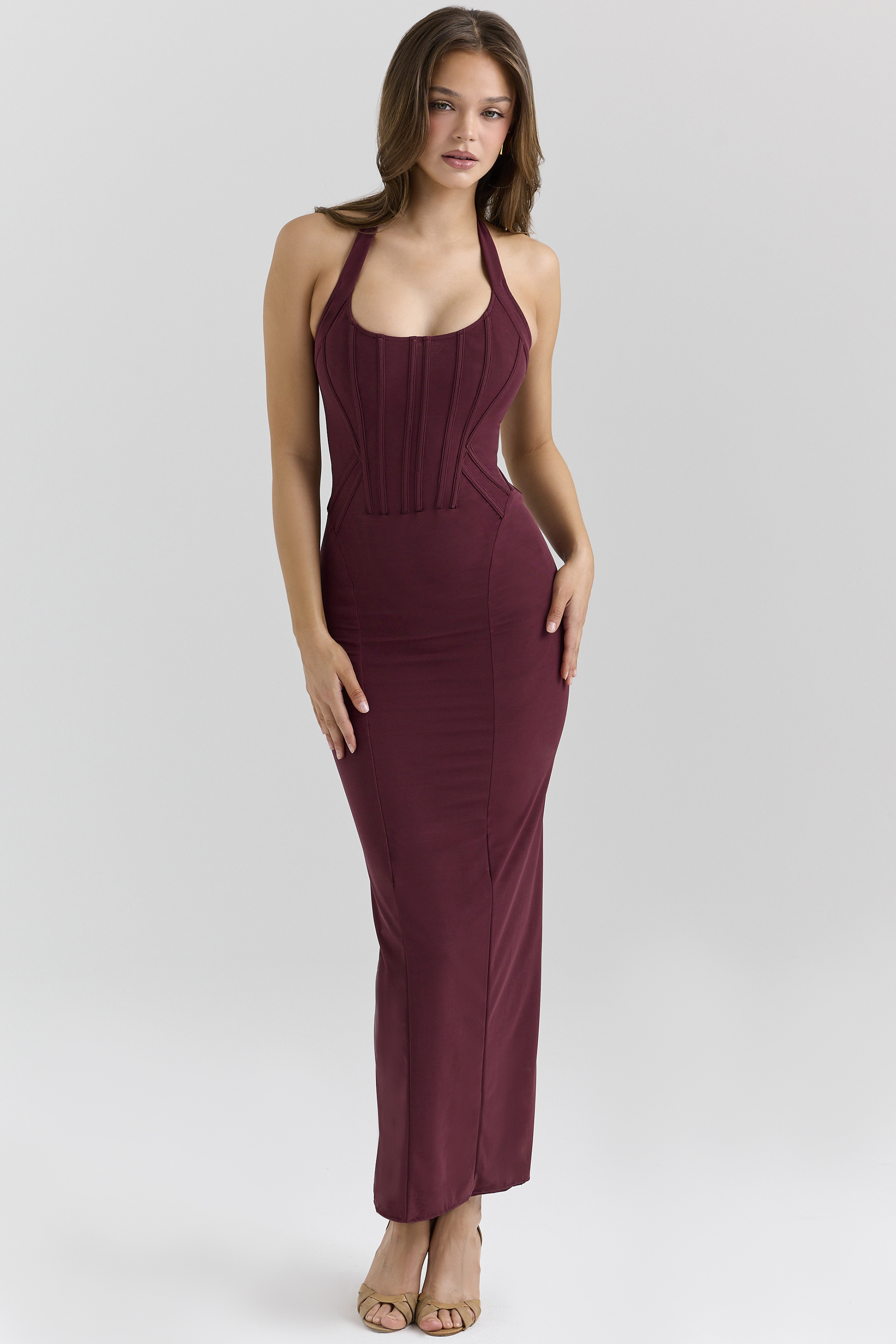 Lusilla Grape Stretch Mesh Halter Neck Midi Dress
