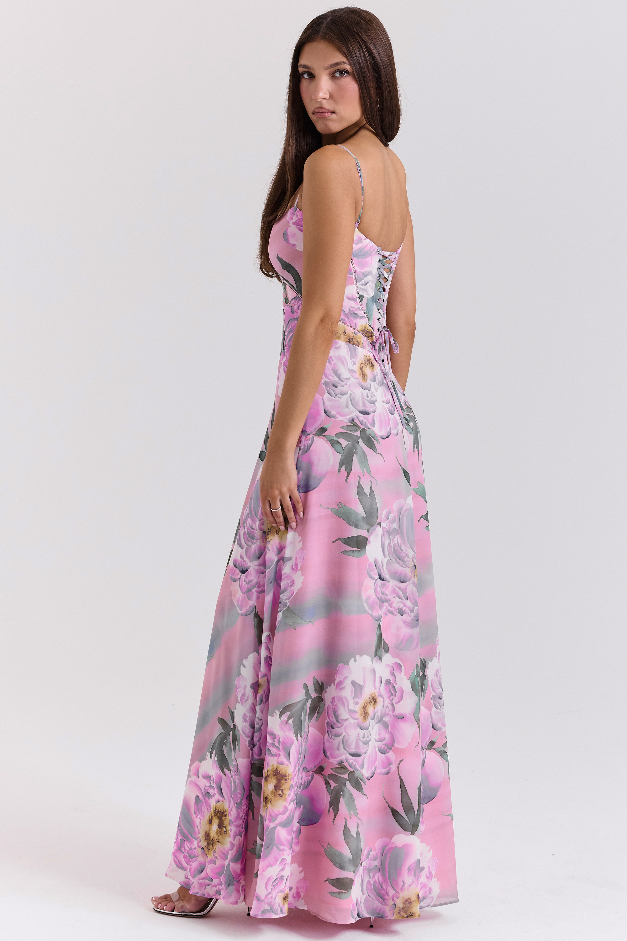 Seren Pink Floral Print Lace Back Maxi Dress