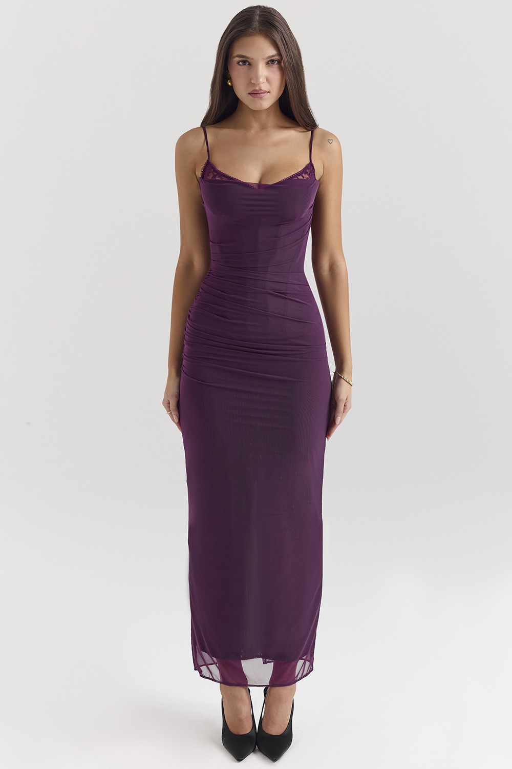 Nalini Grape Mesh Corset Maxi Dress