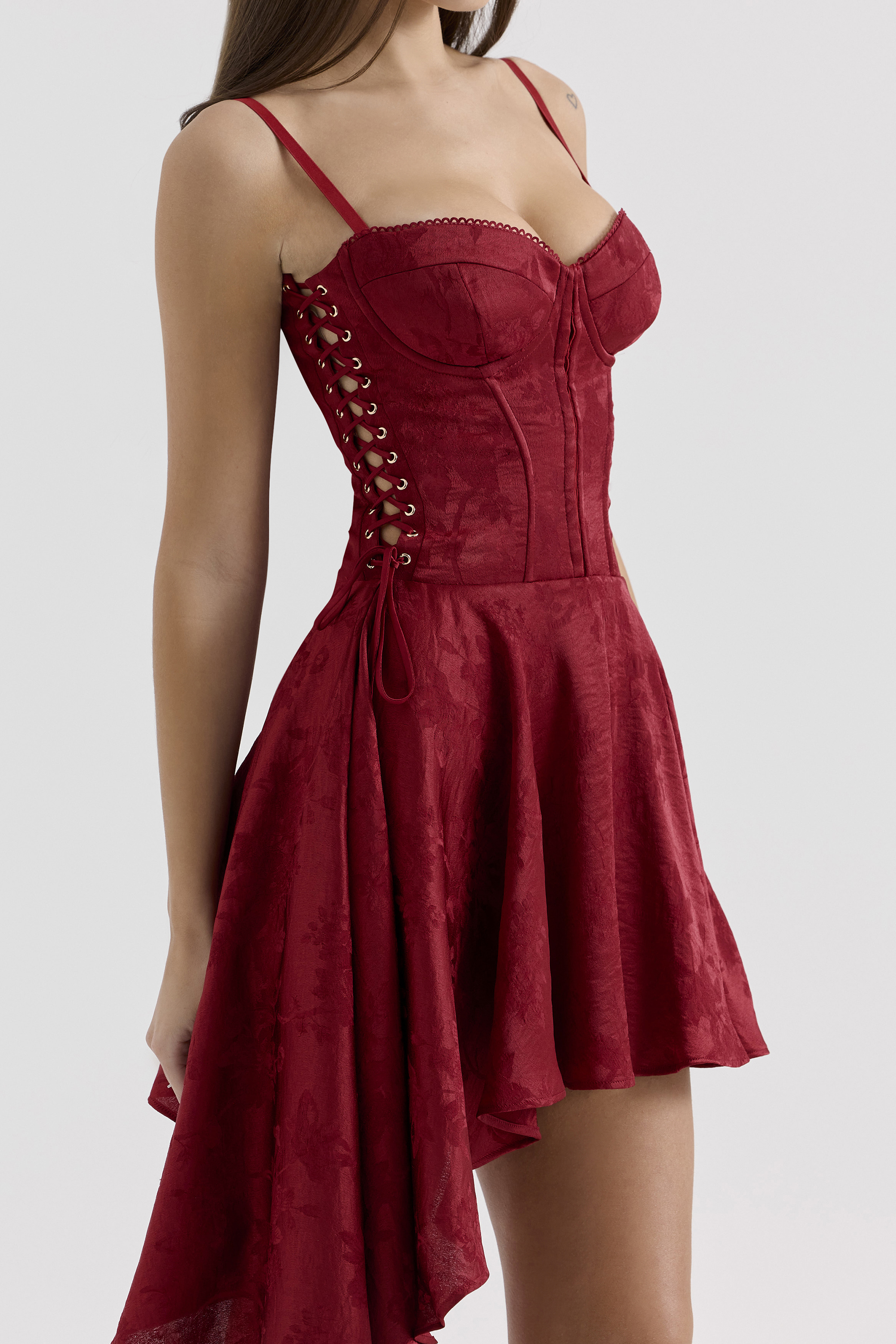 Lola Wine Jacquard Satin Draped Mini Dress