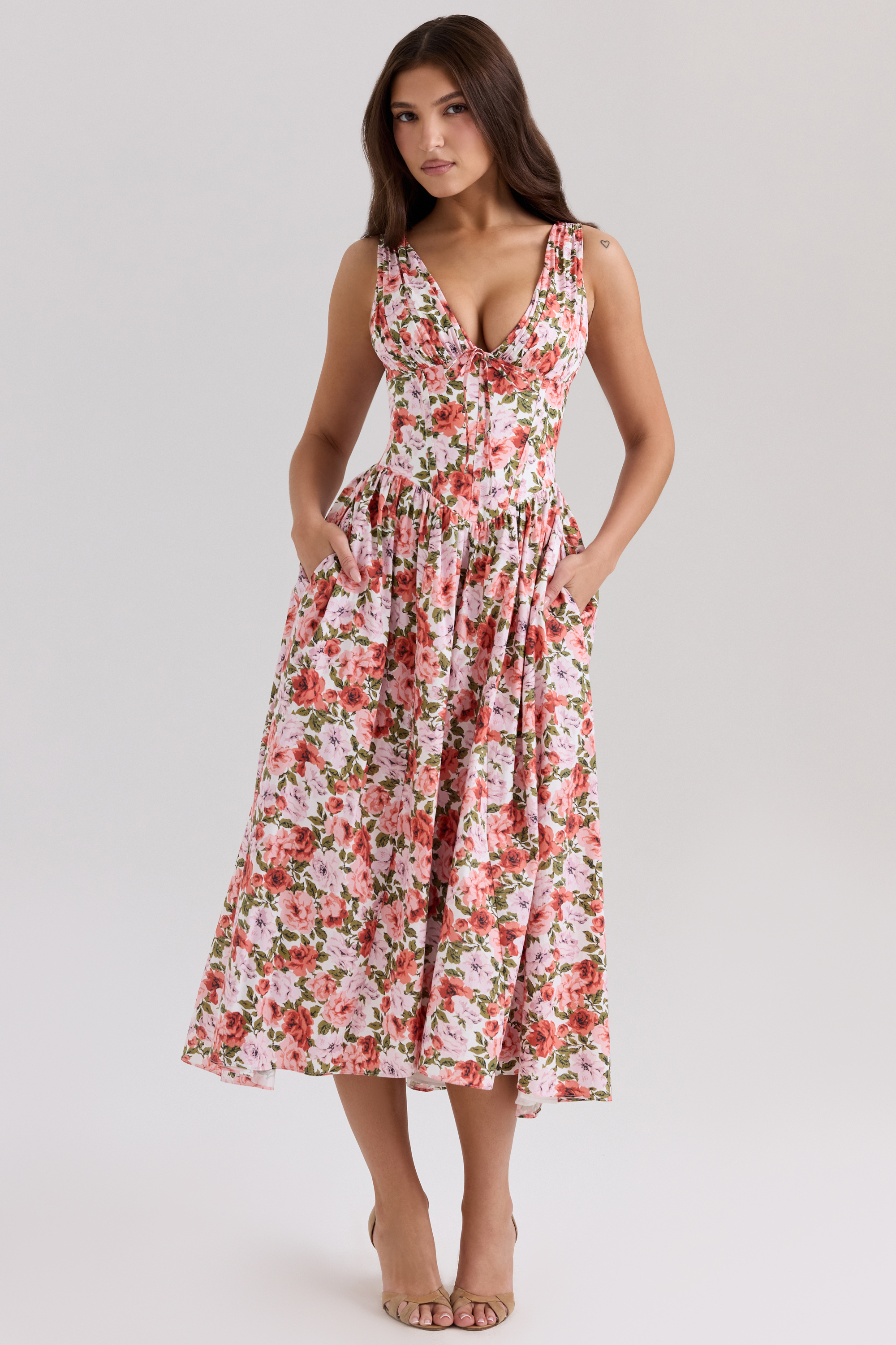 Emmelina Floral Rose Print Stretch Cotton Corset Sundress