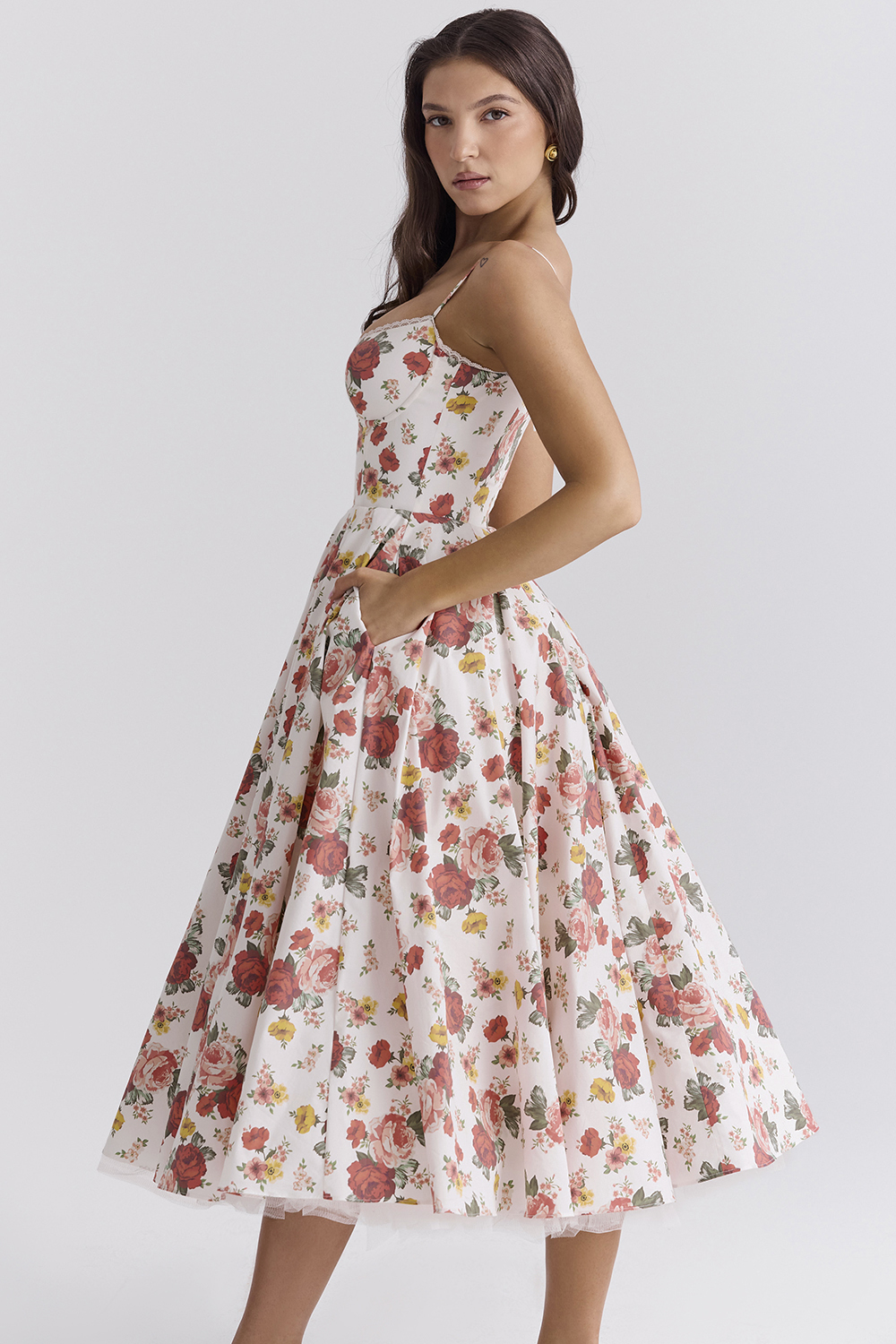 Mademoiselle Italian Rose Print Tulle Midi Dress