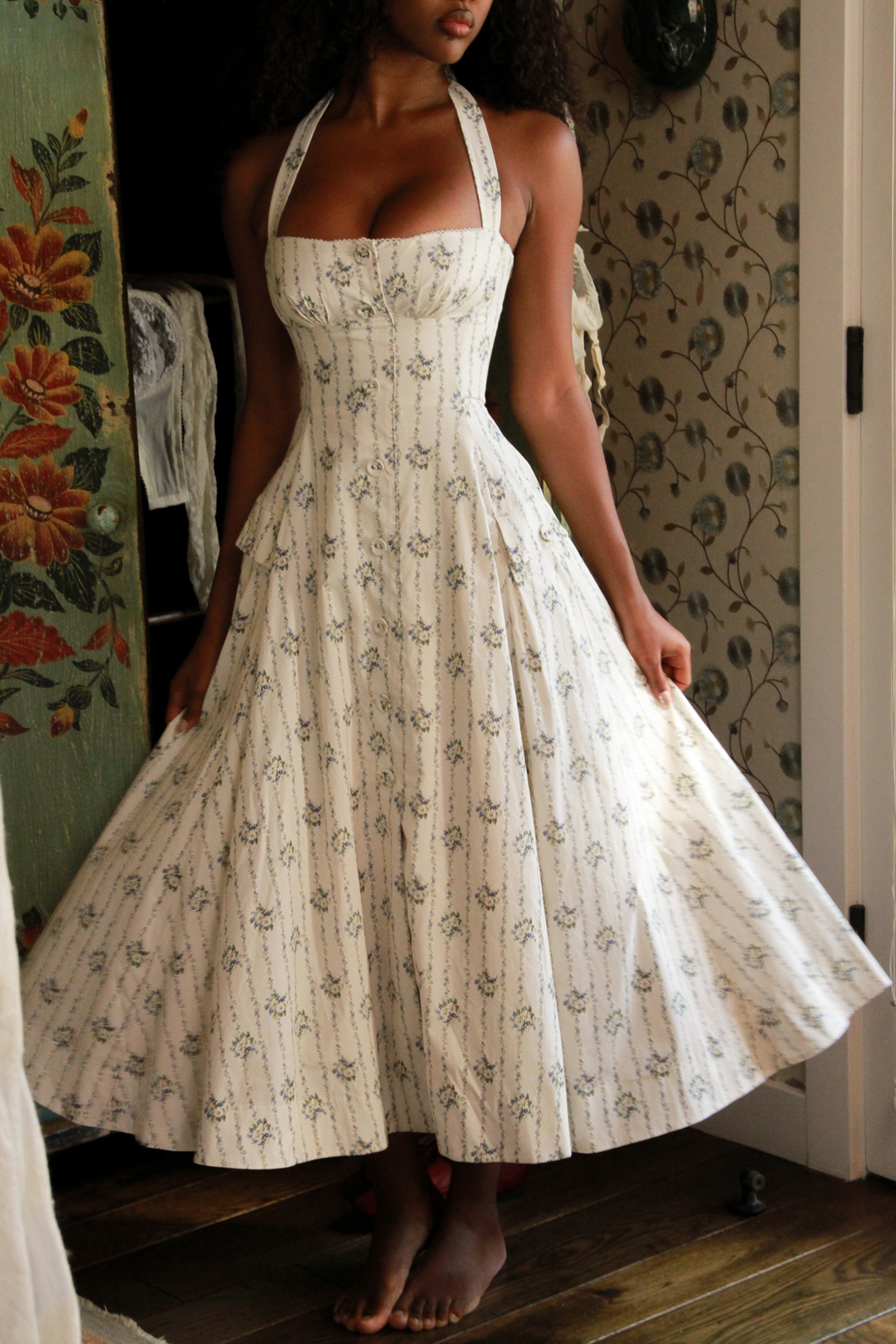 Claudia Cream Daisy Print Stretch Cotton Halter Neck Midi Dress