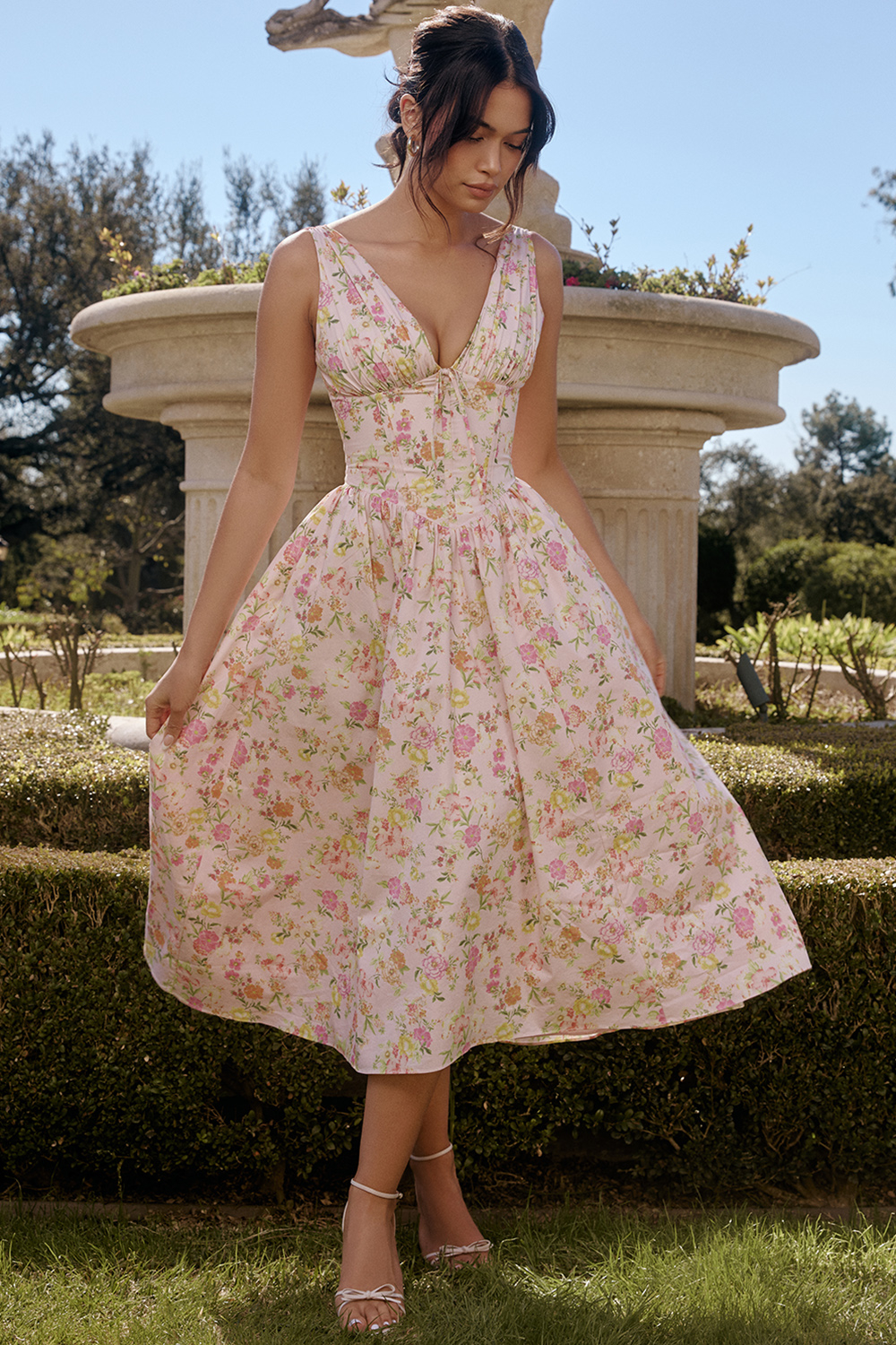 Emmelina Pink Meadow Print Cotton Corset Sundress