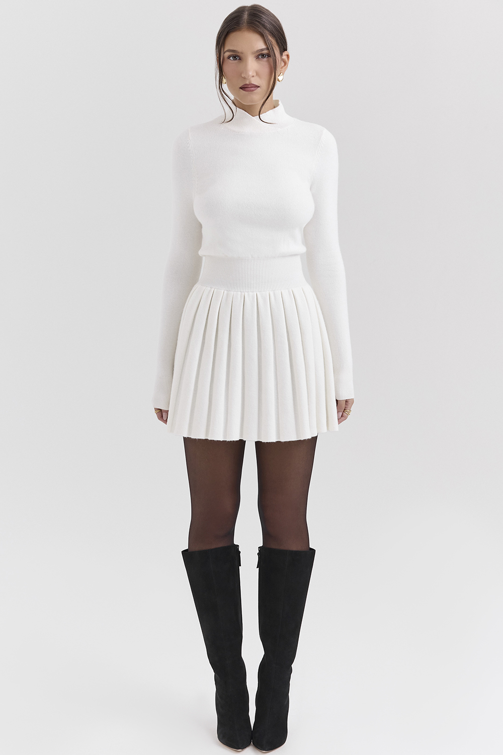 Willow White Cashmere Blend Pleated Skated Mini Dress
