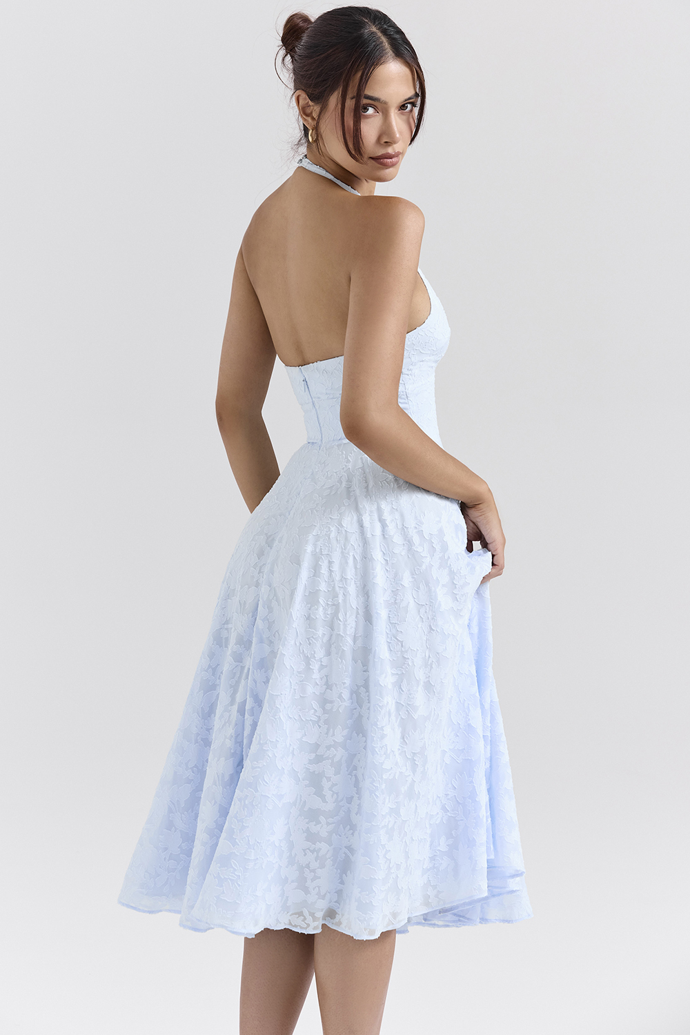 Arietta Bluebell Floral Jacquard Halter Midi Dress