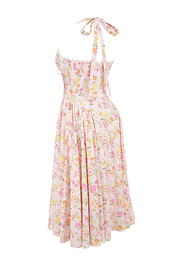 Adabella Pink Meadow Print Cotton Halter Midi Sundress