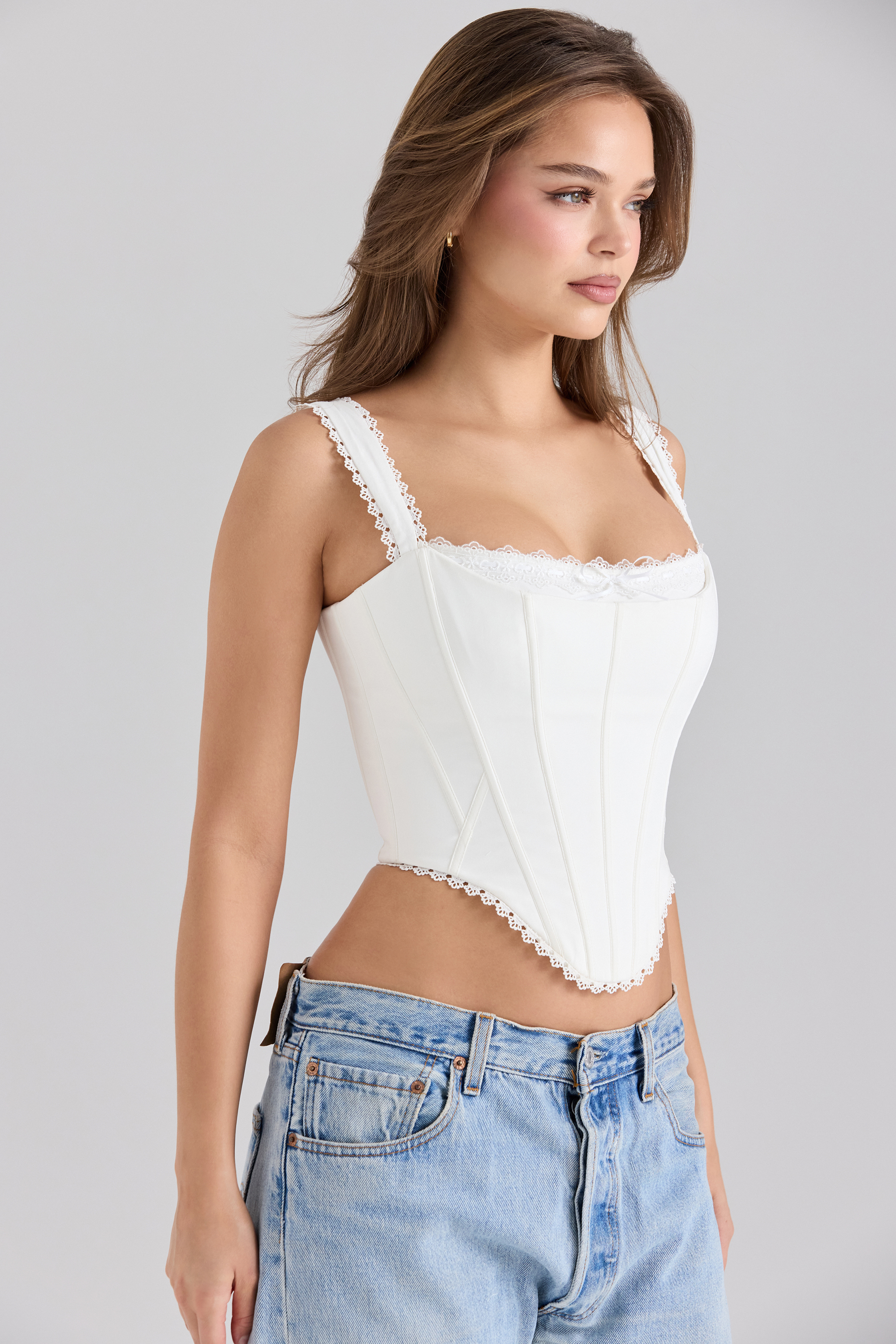 Adina White Stretch Cotton Scallop Trim Corset Top