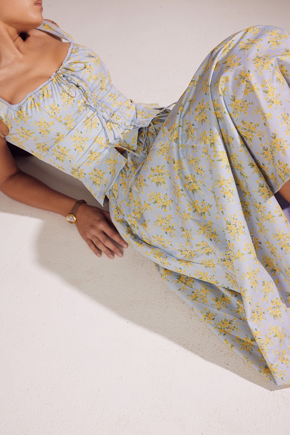 Cora Soft Blue Vintage Floral Print Cotton Midi Skirt