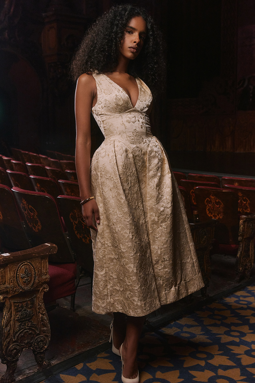 Paloma Ivory Metallic Jacquard Midi Dress - SALE