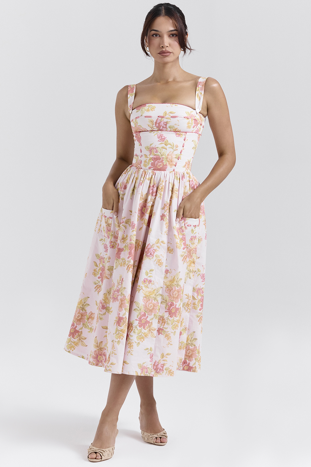 Vivien Peach Poppy Print Cotton Midi Sundress