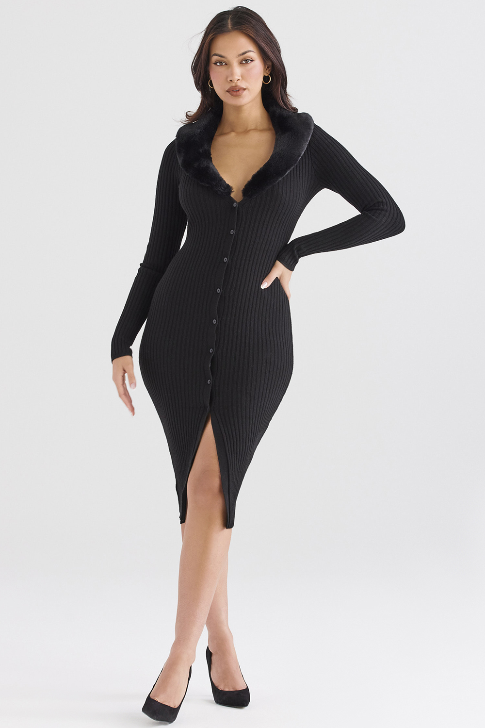 Raine Black Faux Fur Trim Dress - SALE