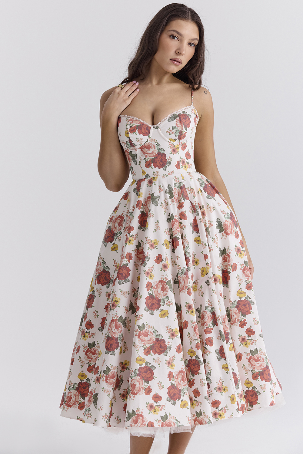 Mademoiselle Italian Rose Print Tulle Midi Dress