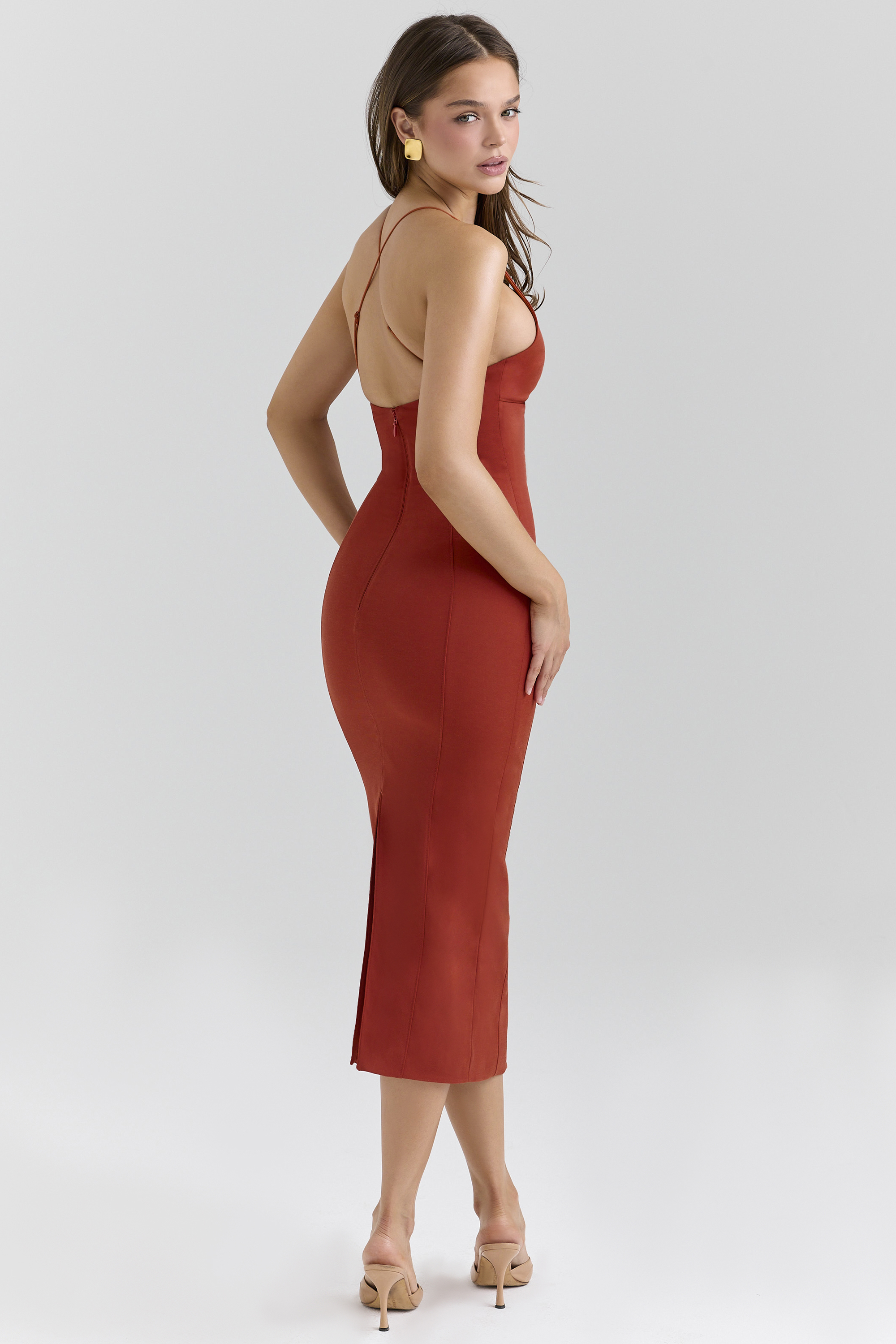 Ria Terracotta Stretch Cotton Fitted Midi Dress