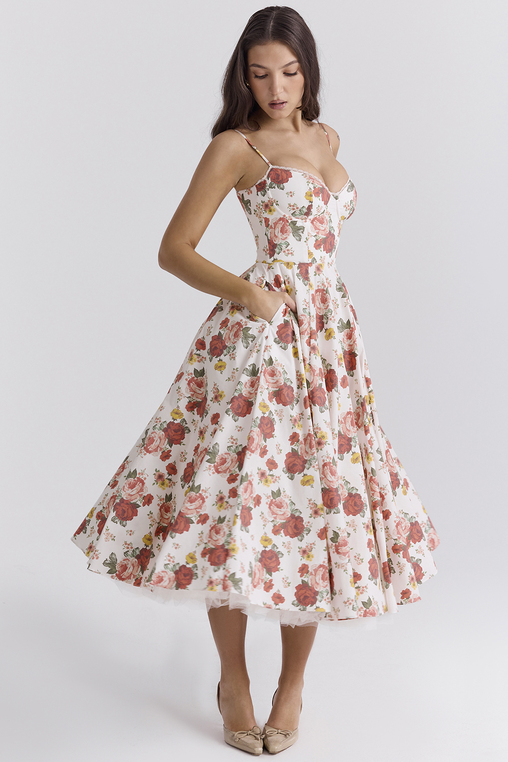 Mademoiselle Italian Rose Print Tulle Midi Dress