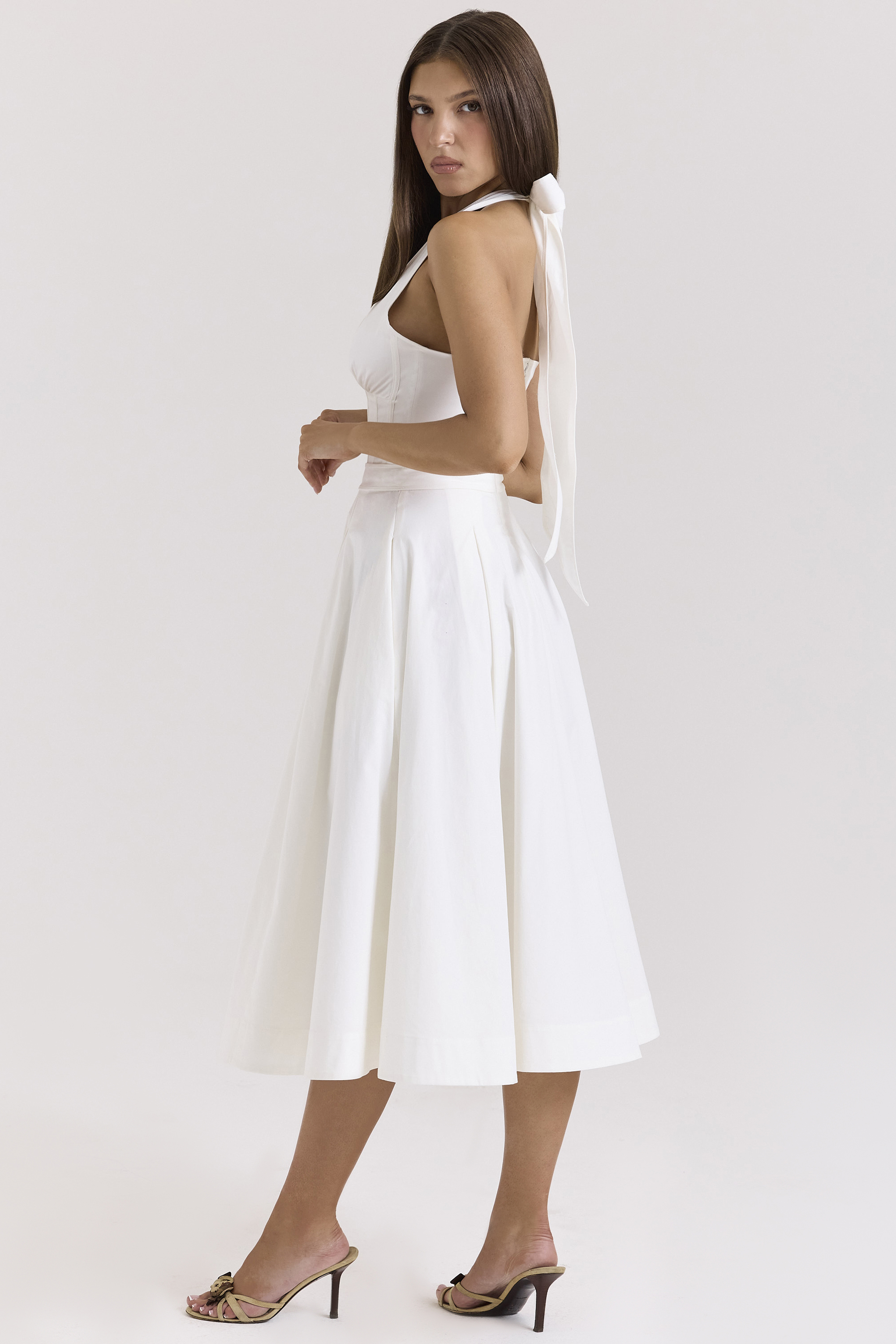 Allena White Stretch Cotton Halter Midi Sundress