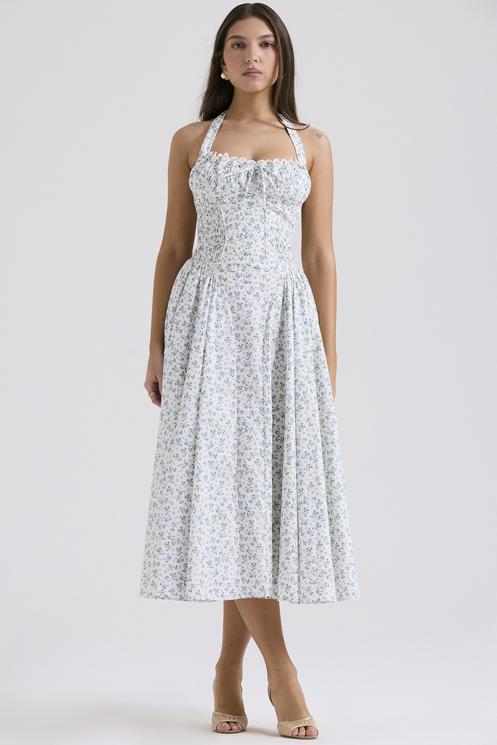 Adabella White Bluebell Print Cotton Halter Sundress