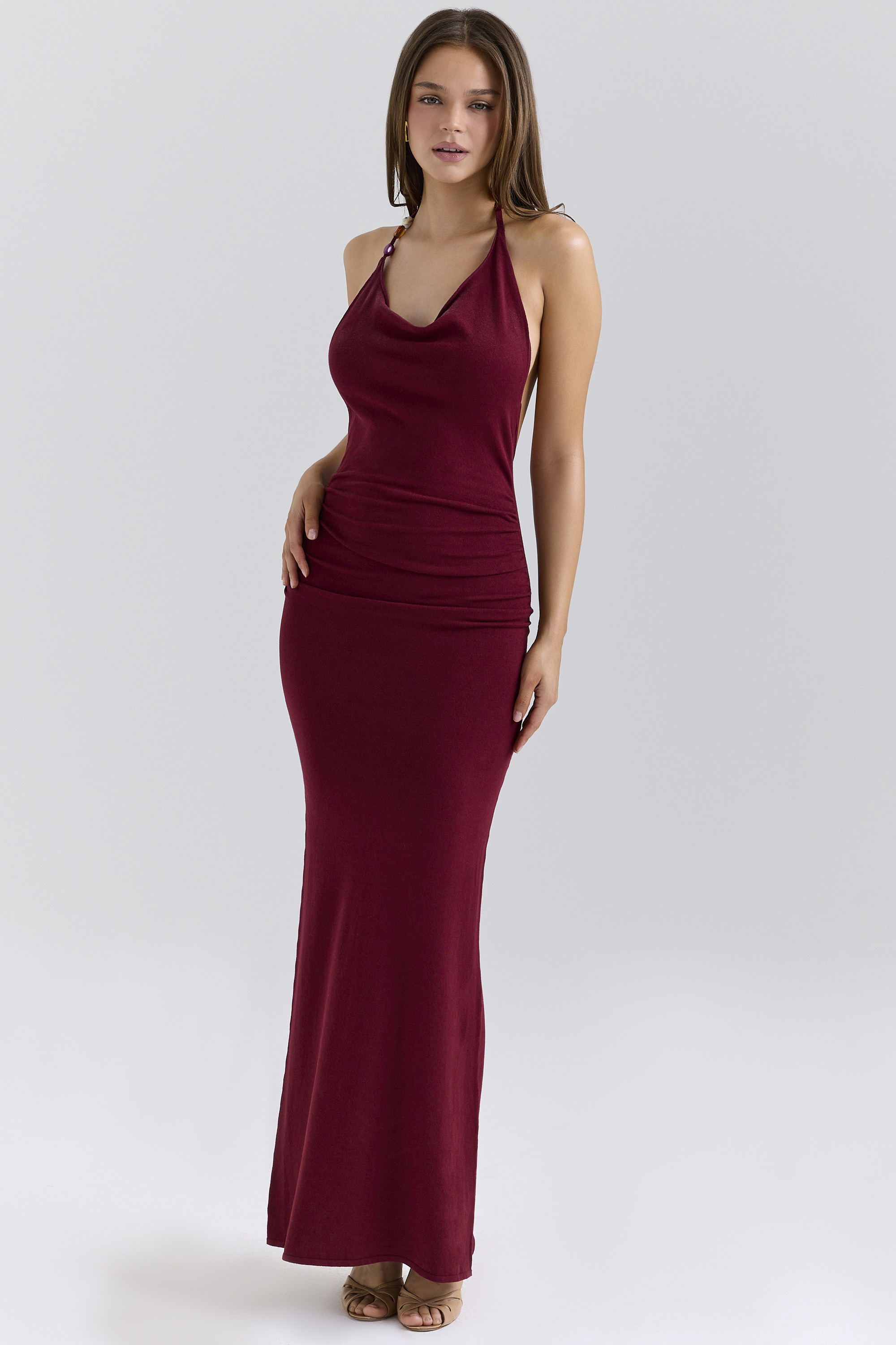 Thalina Wine Draped Halter Neck Maxi Dress