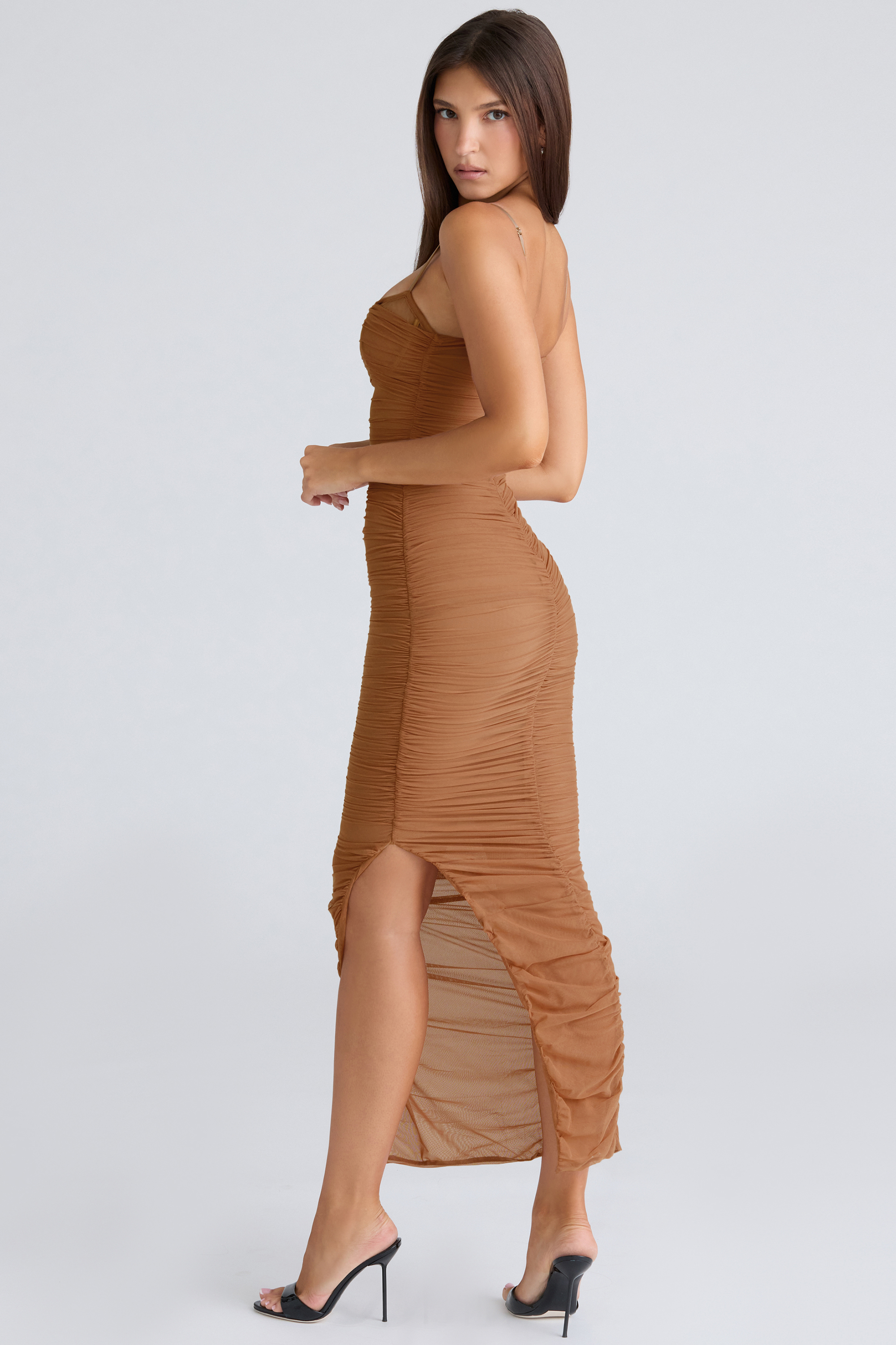 Fornarina Tan Gathered Stretch Mesh Maxi Dress
