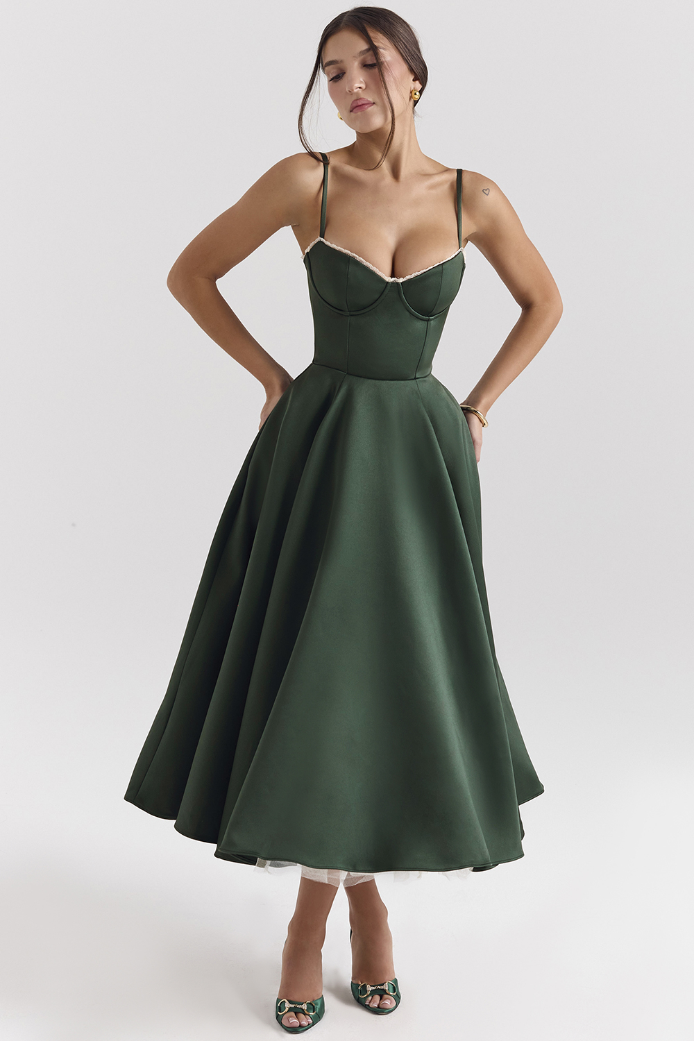 Mademoiselle Forest Green Satin Tulle Midi Dress