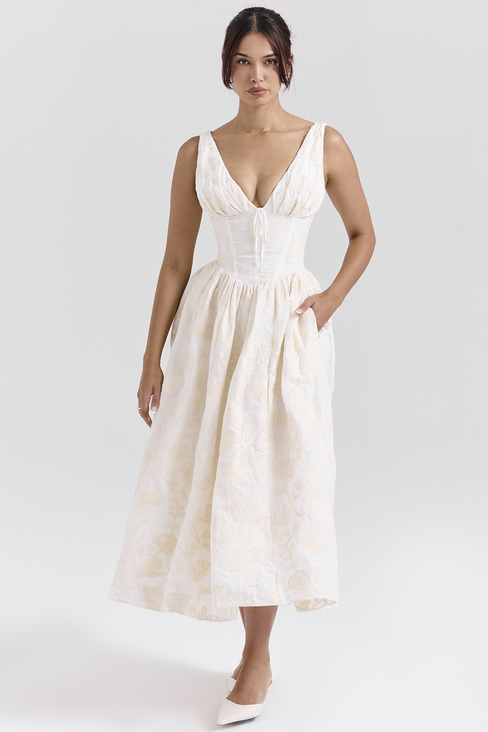 Emmelina Vintage Ivory Floral Embroidered Corset Sundress