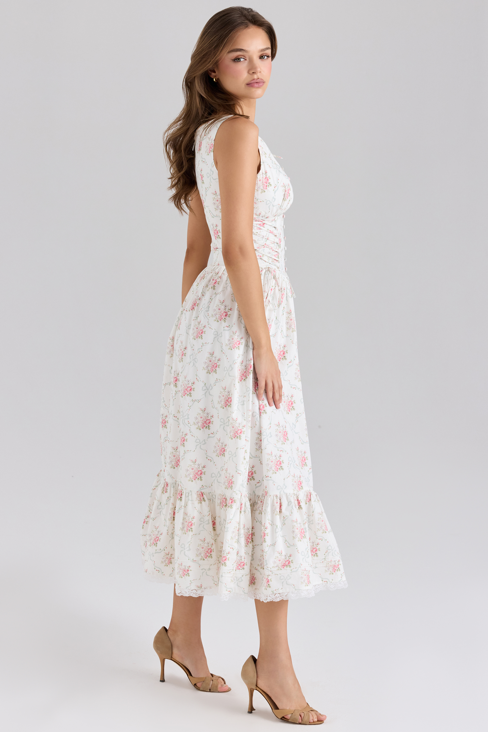 Sienna Rose Print Stretch Cotton Lace Up Midi Dress