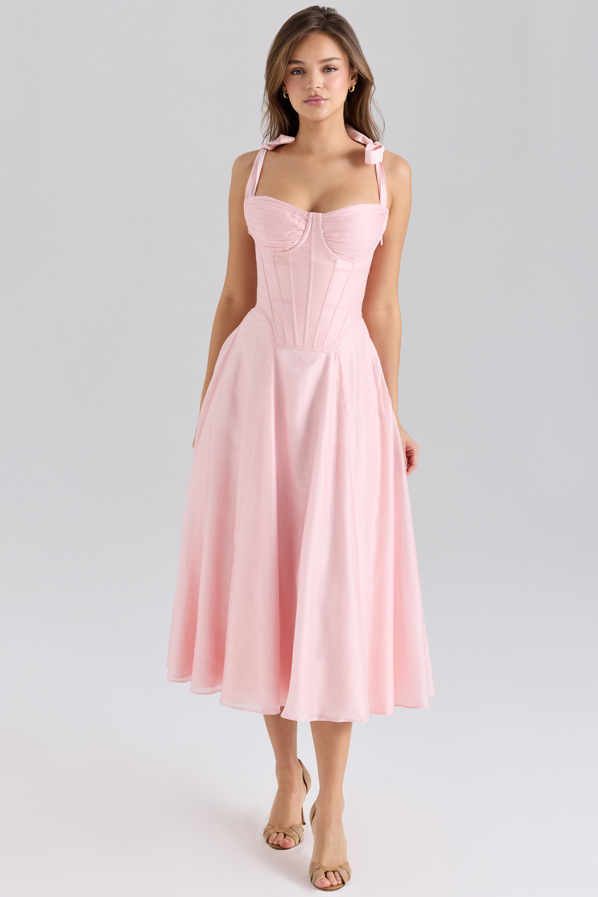 Leia Pink Chiffon Tie Strap Midi Dress