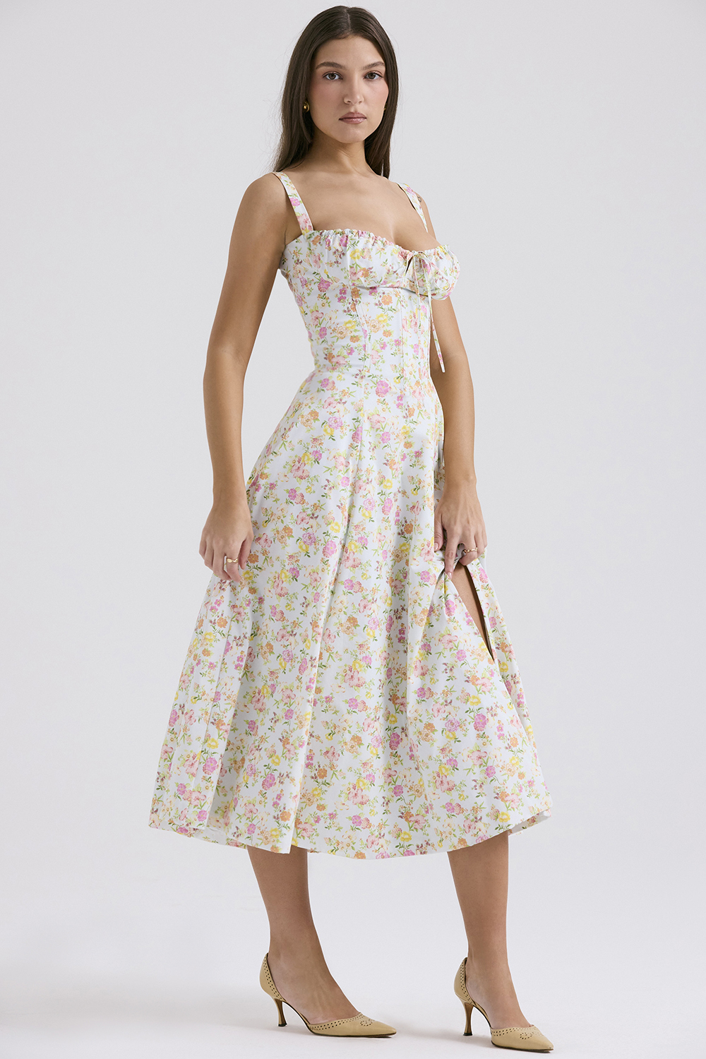 Carmen Pale Blue Meadow Print Cotton Bustier Sundress