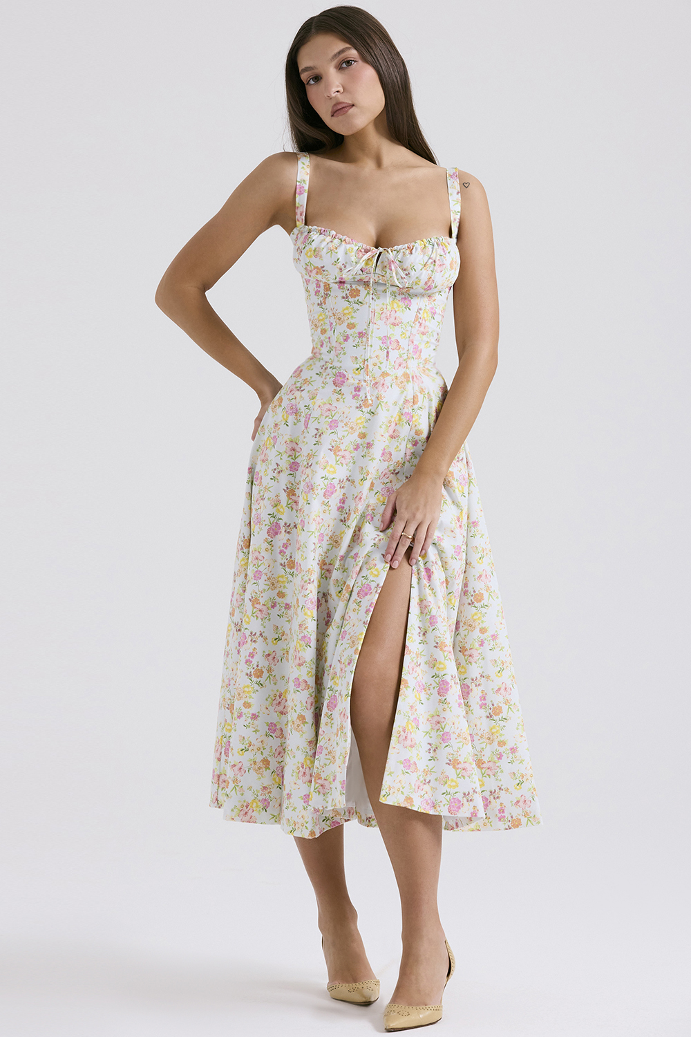 Carmen Pale Blue Meadow Print Cotton Bustier Sundress