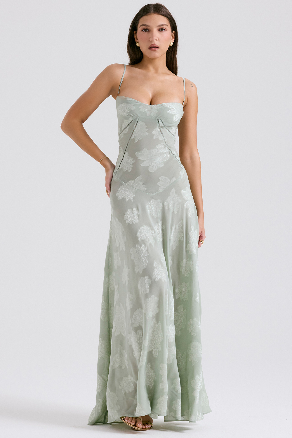 Seren Pistachio Floral Lace Back Maxi Dress