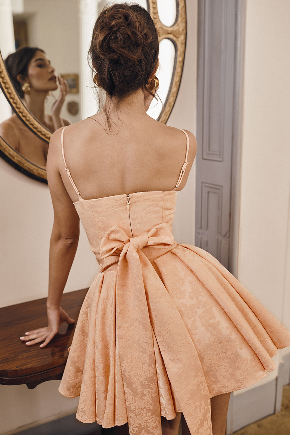 Rosalinda Peach Jacquard Mini Bow Gown