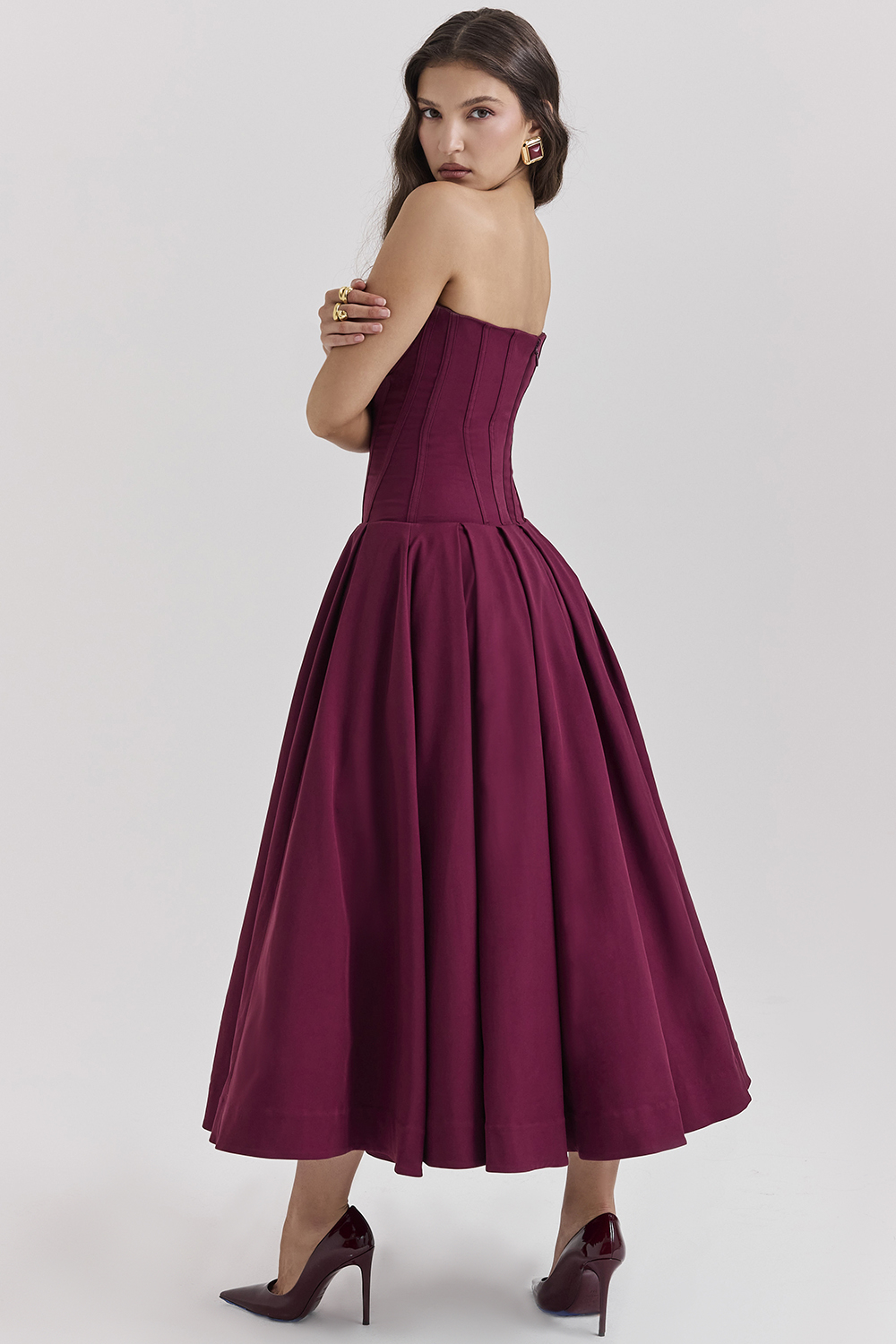 Lady Wine Strapless Midi Dress