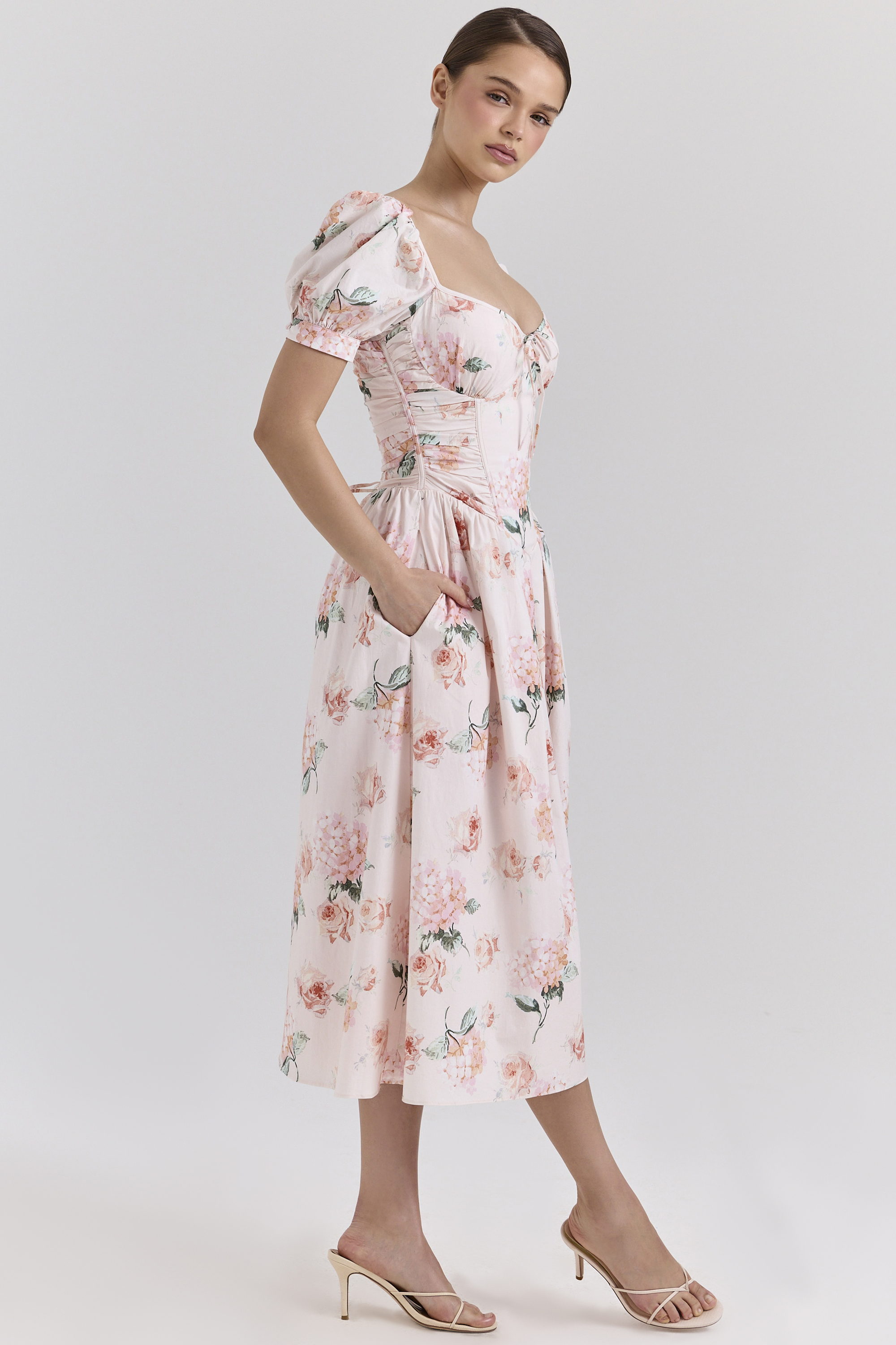 Lulabell Peach Floral Cotton Puff Sleeve Midi Dress
