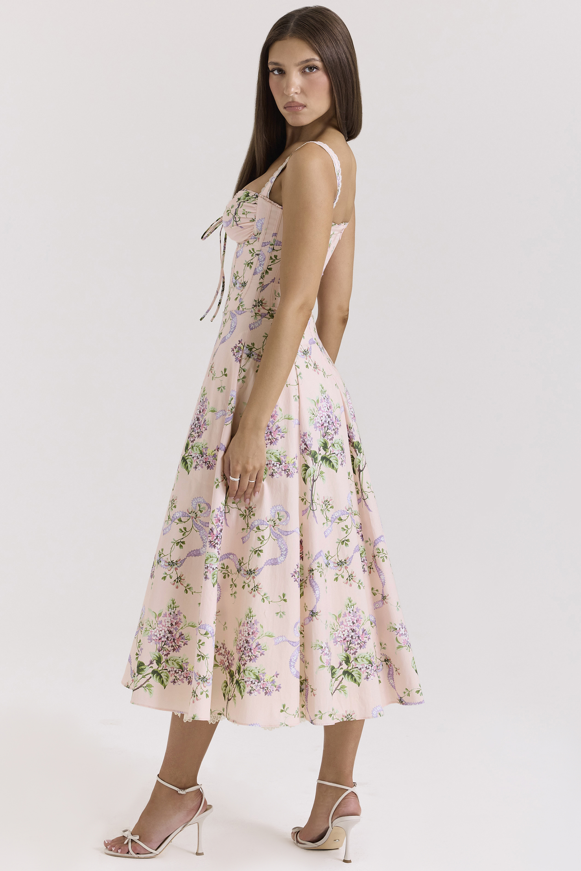 Rosalee Pink Floral Corset Midi Dress