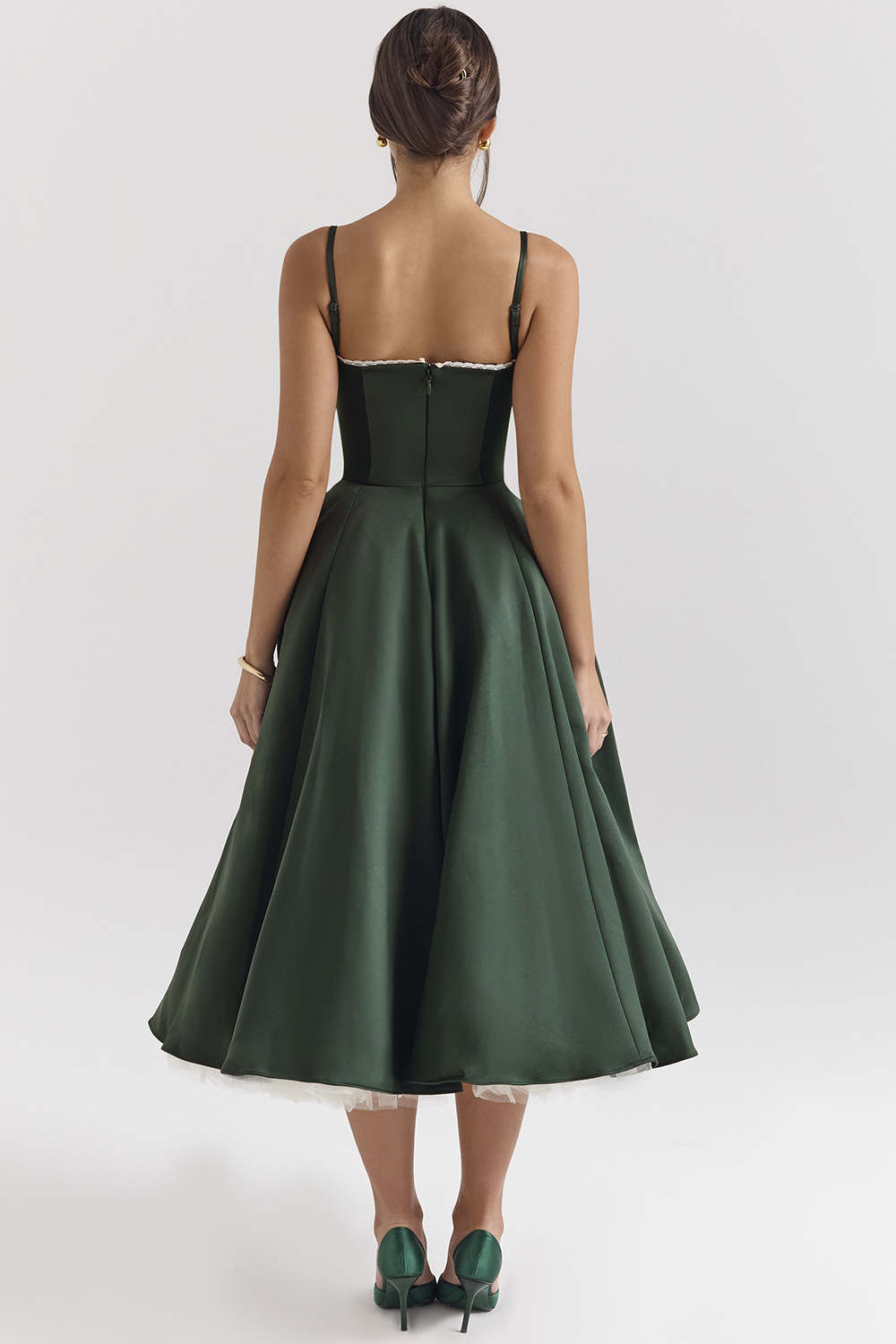 Mademoiselle Forest Green Satin Tulle Midi Dress
