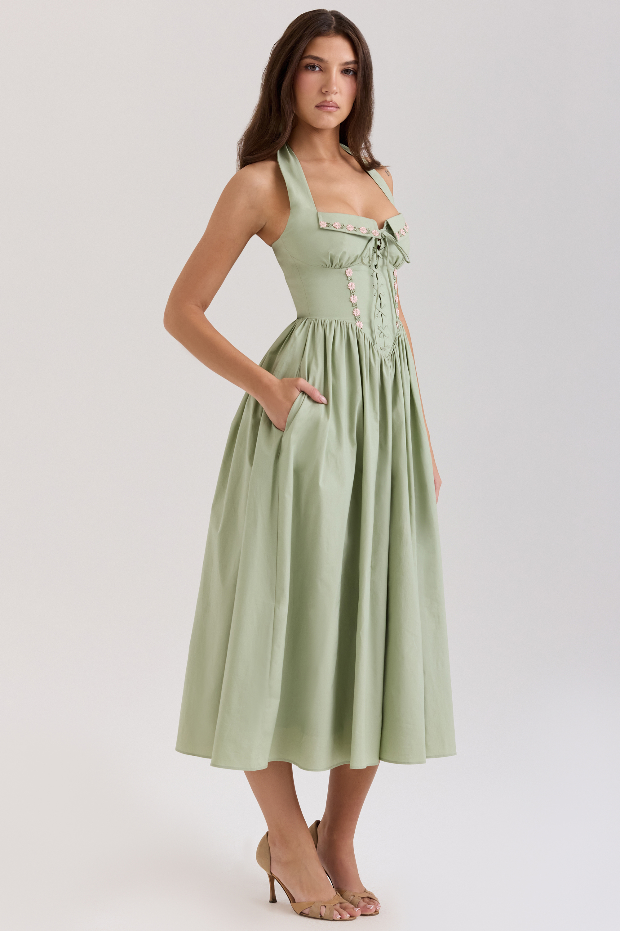 Emilia Sage Stretch Cotton Halter Neck Midi Dress