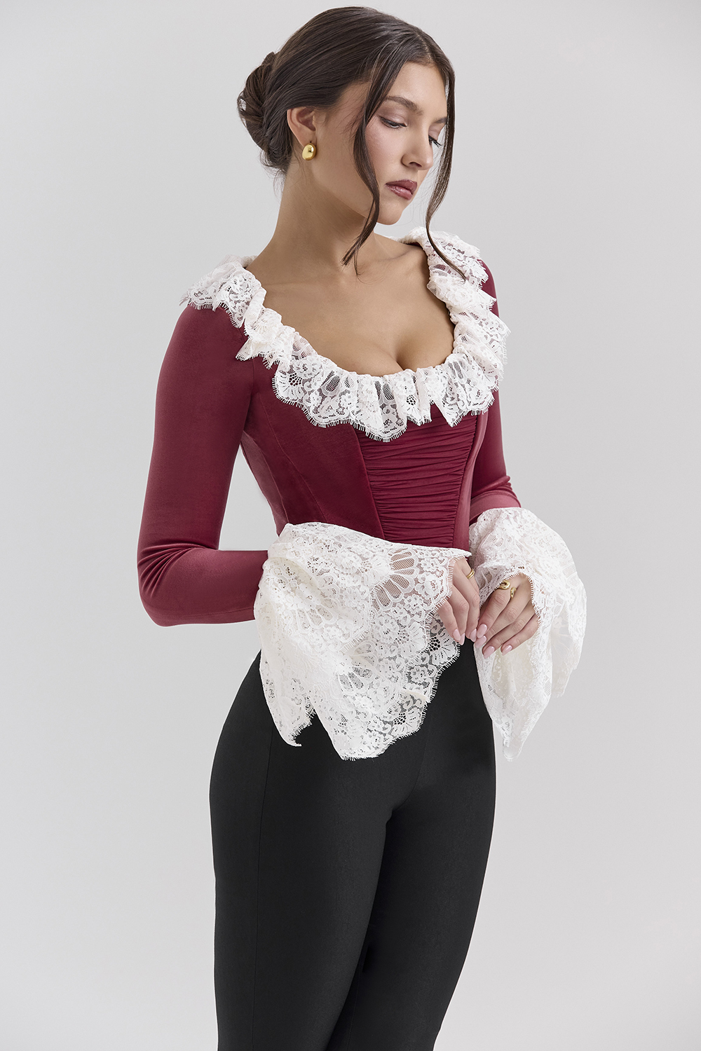 Jacinda Cabernet Velvet Lace Trimmed Corset Top - SALE