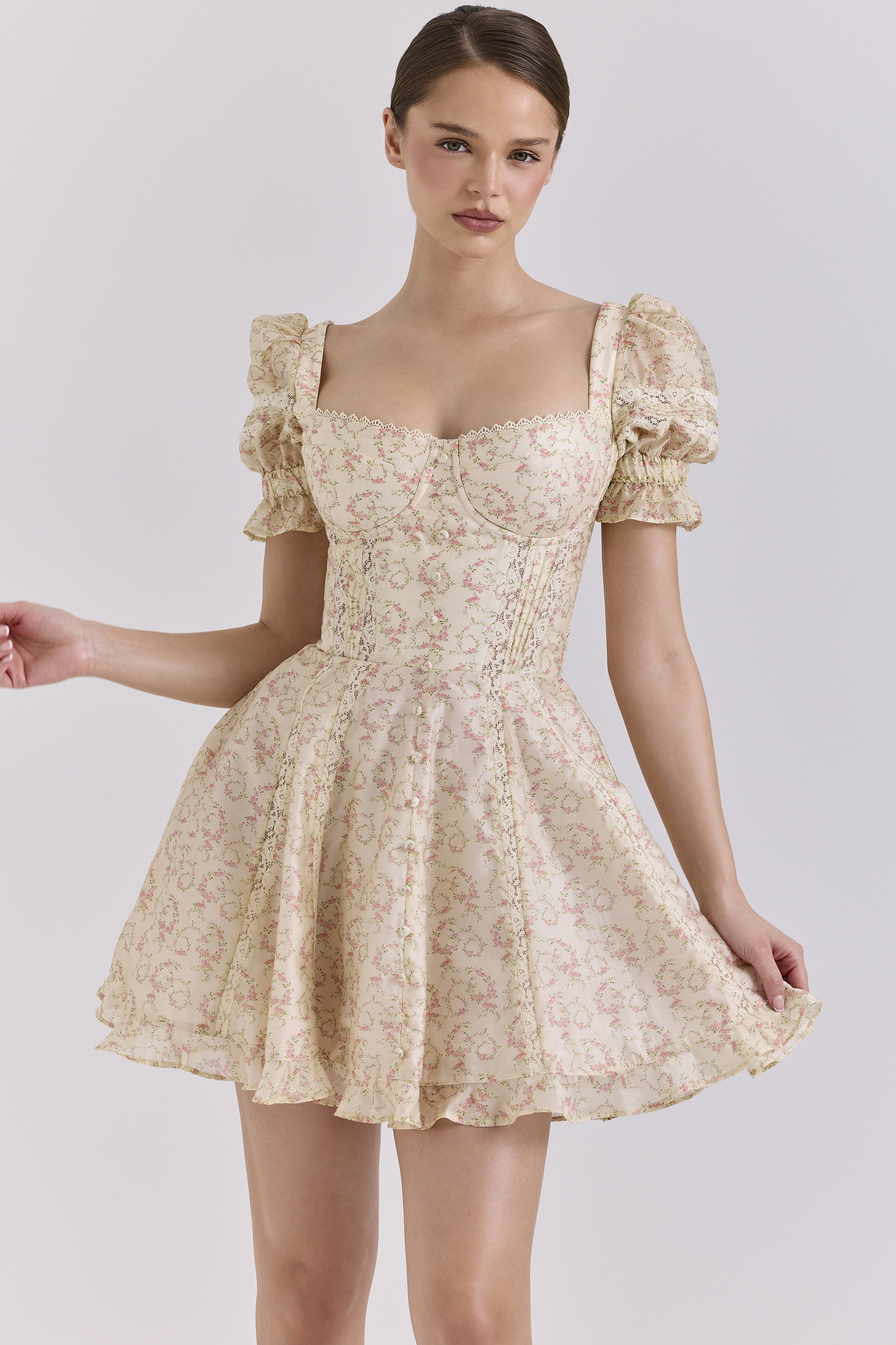 Melita Cream Floral Print Chiffon Puff Sleeve Mini Dress