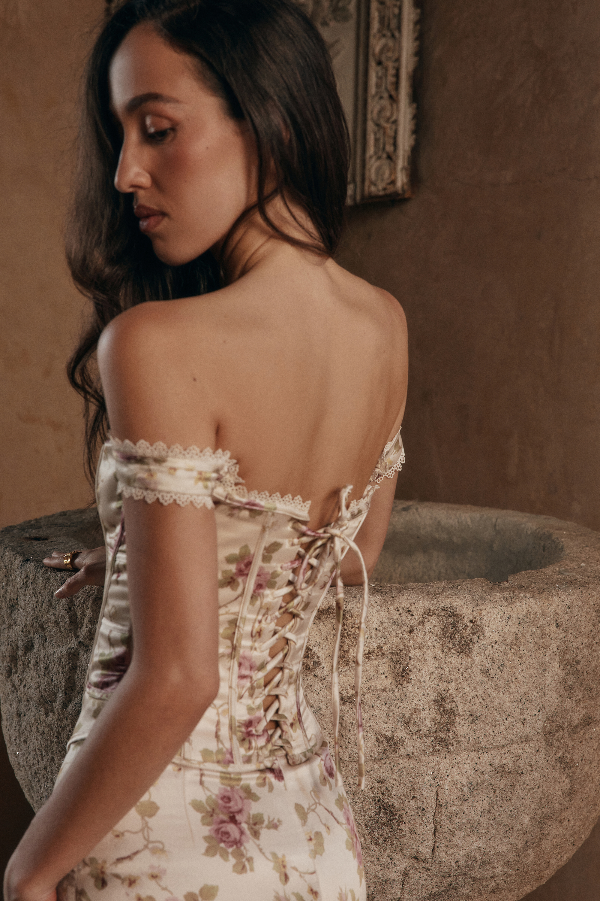 Isis Vintage Cream Floral Print Corset Maxi Dress