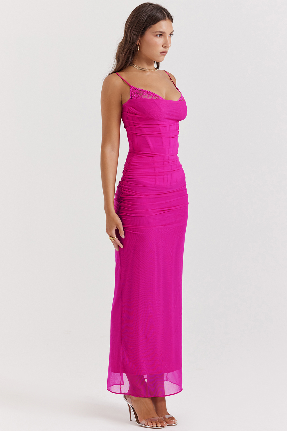 Nalini Fuchsia Stretch Mesh Maxi Dress