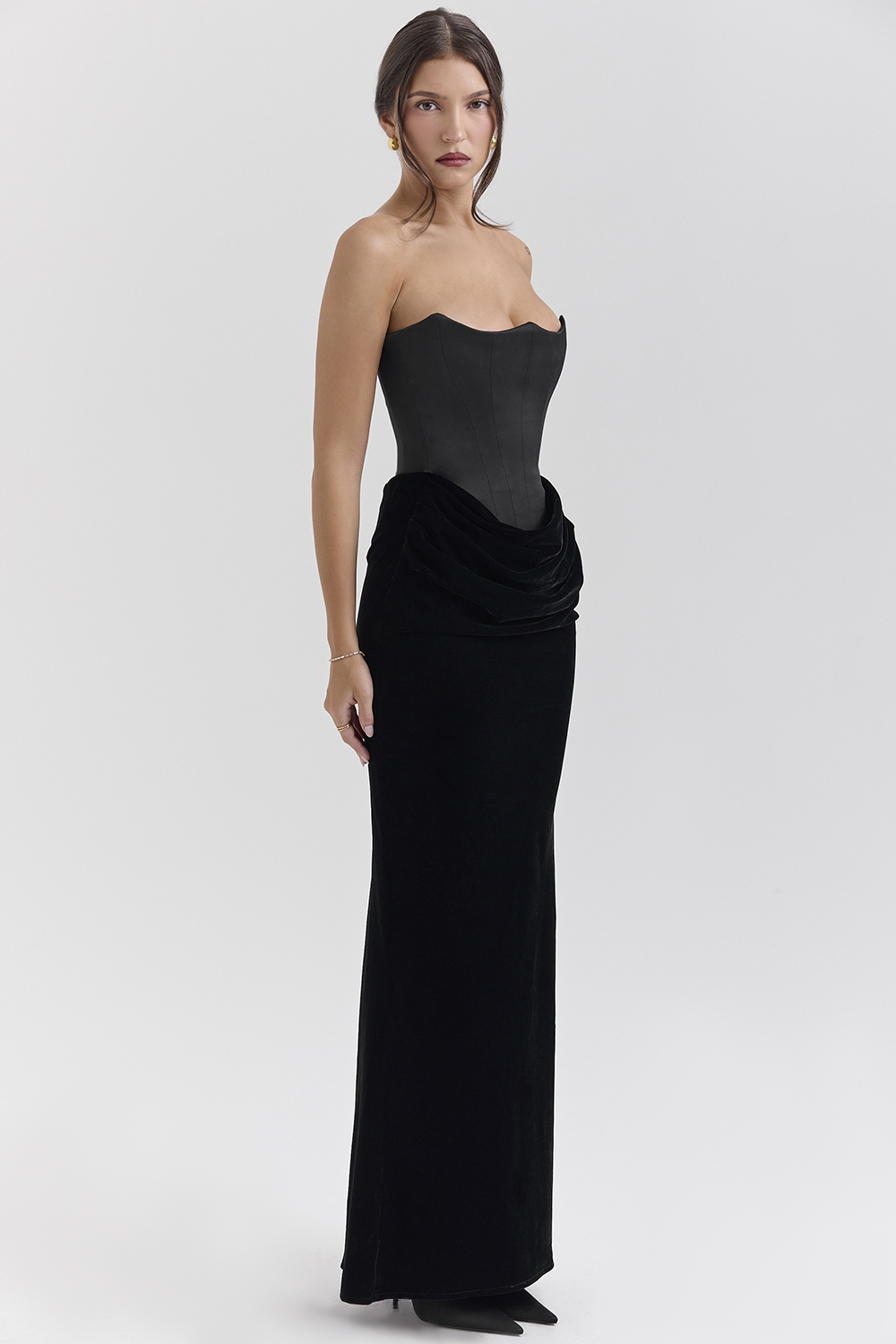 Persephone Black Velvet Strapless Corset Maxi Dress