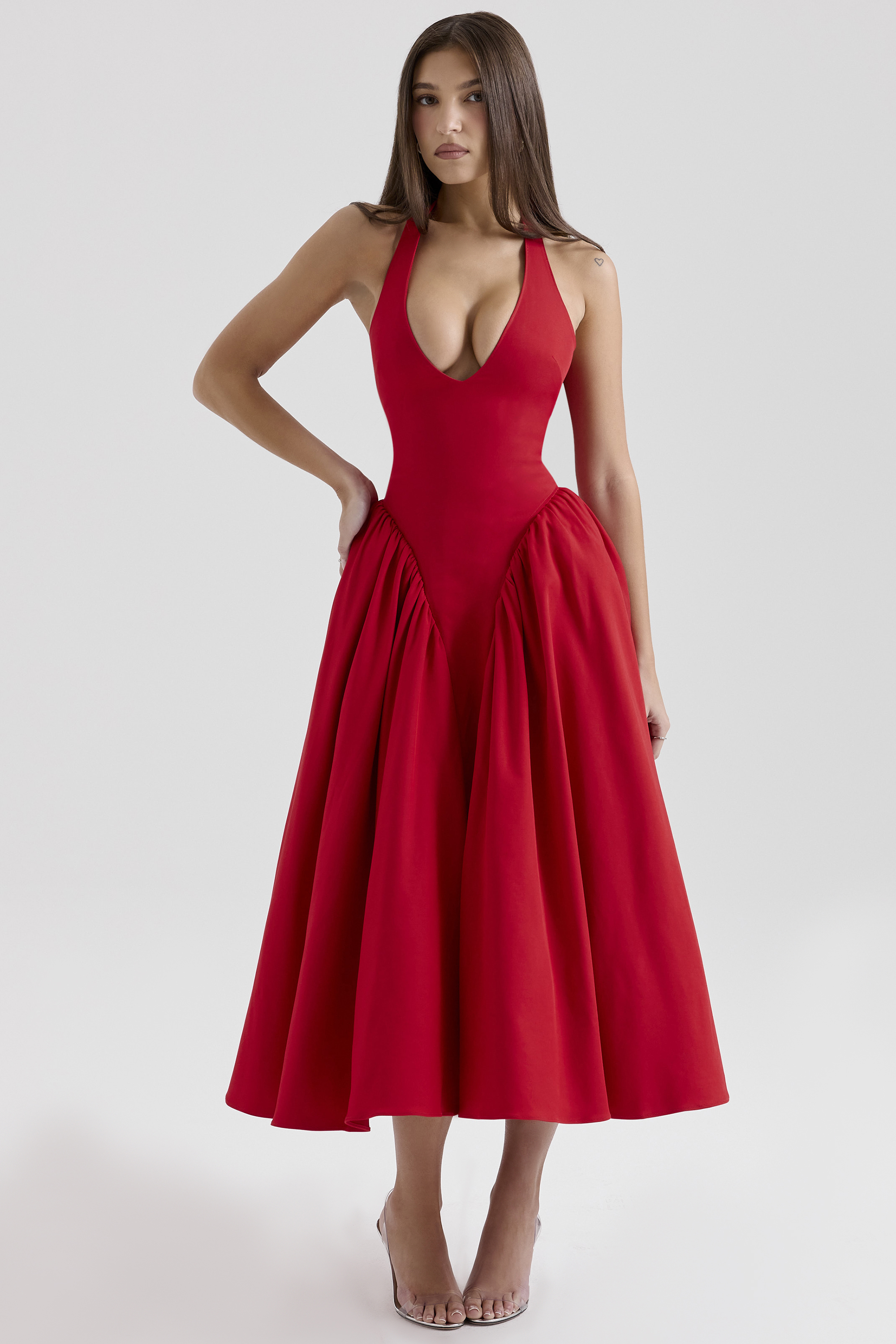 Marilyn Red Twill Halter Midi Dress