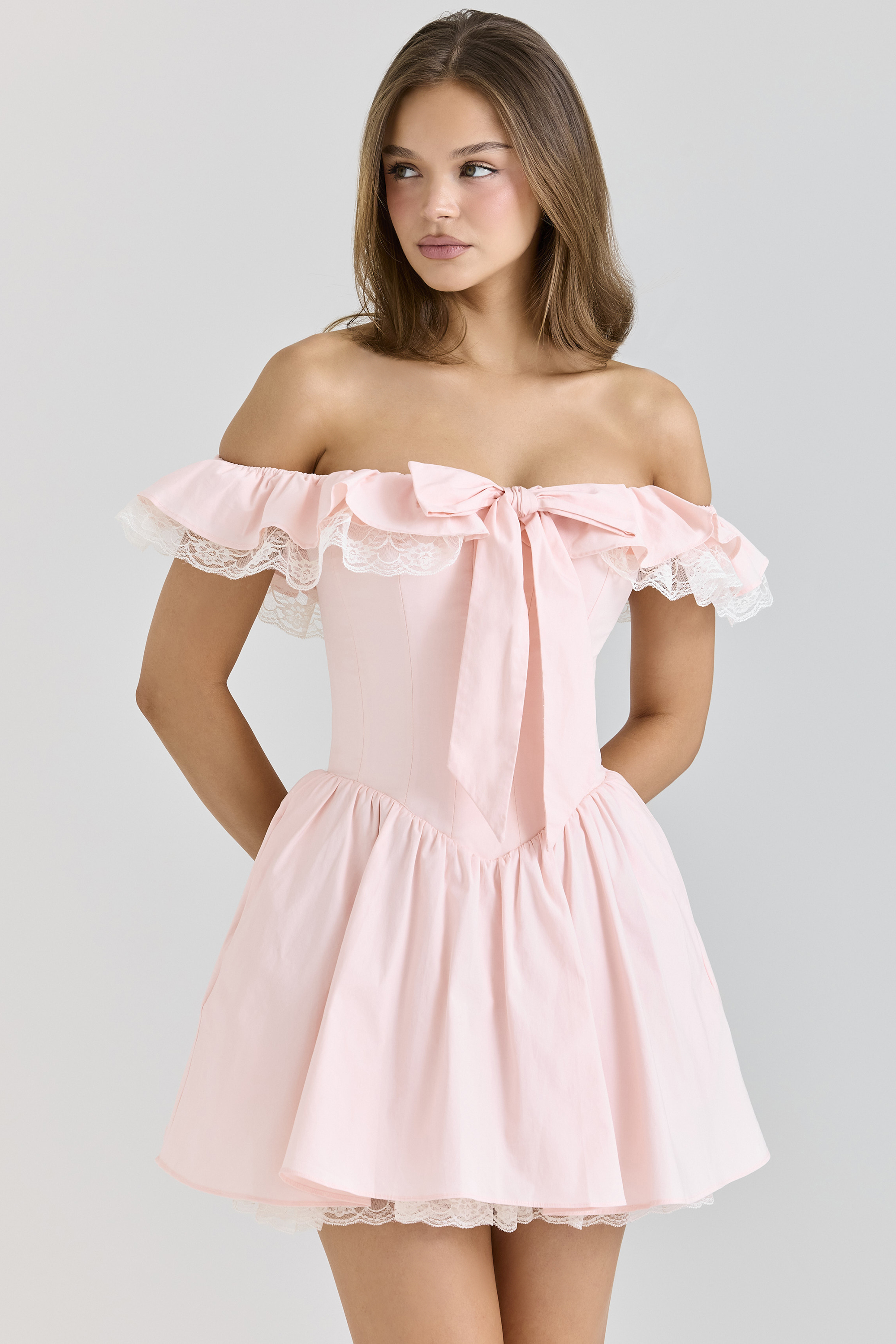 Jaide Pink Stretch Cotton Off Shoulder Corset Mini Dress