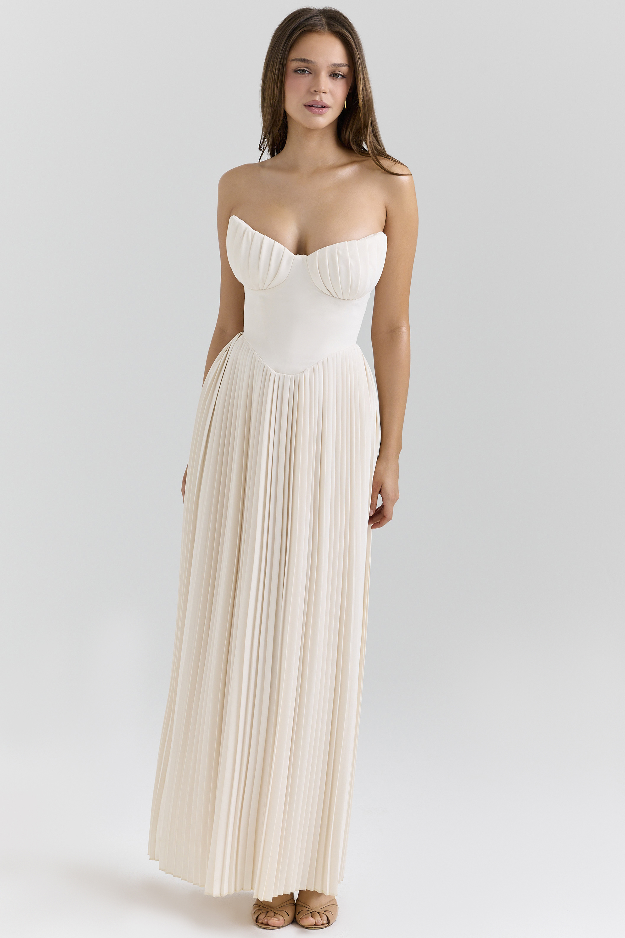 Marcella Ivory Georgette Pleated Maxi Dress