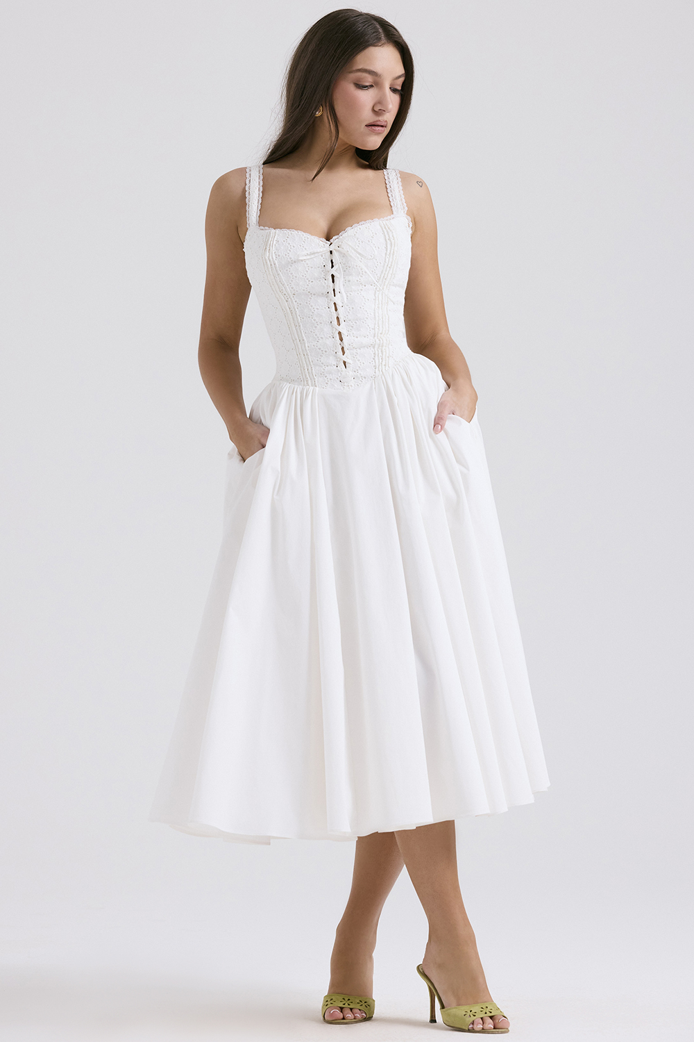 Milia White Broderie Anglais & Cotton Midi Dress