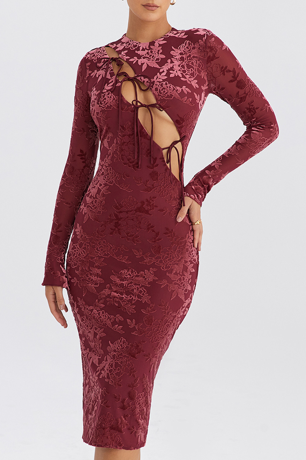 Mistress Rocks Mahogany Devore Midi Dress - SALE