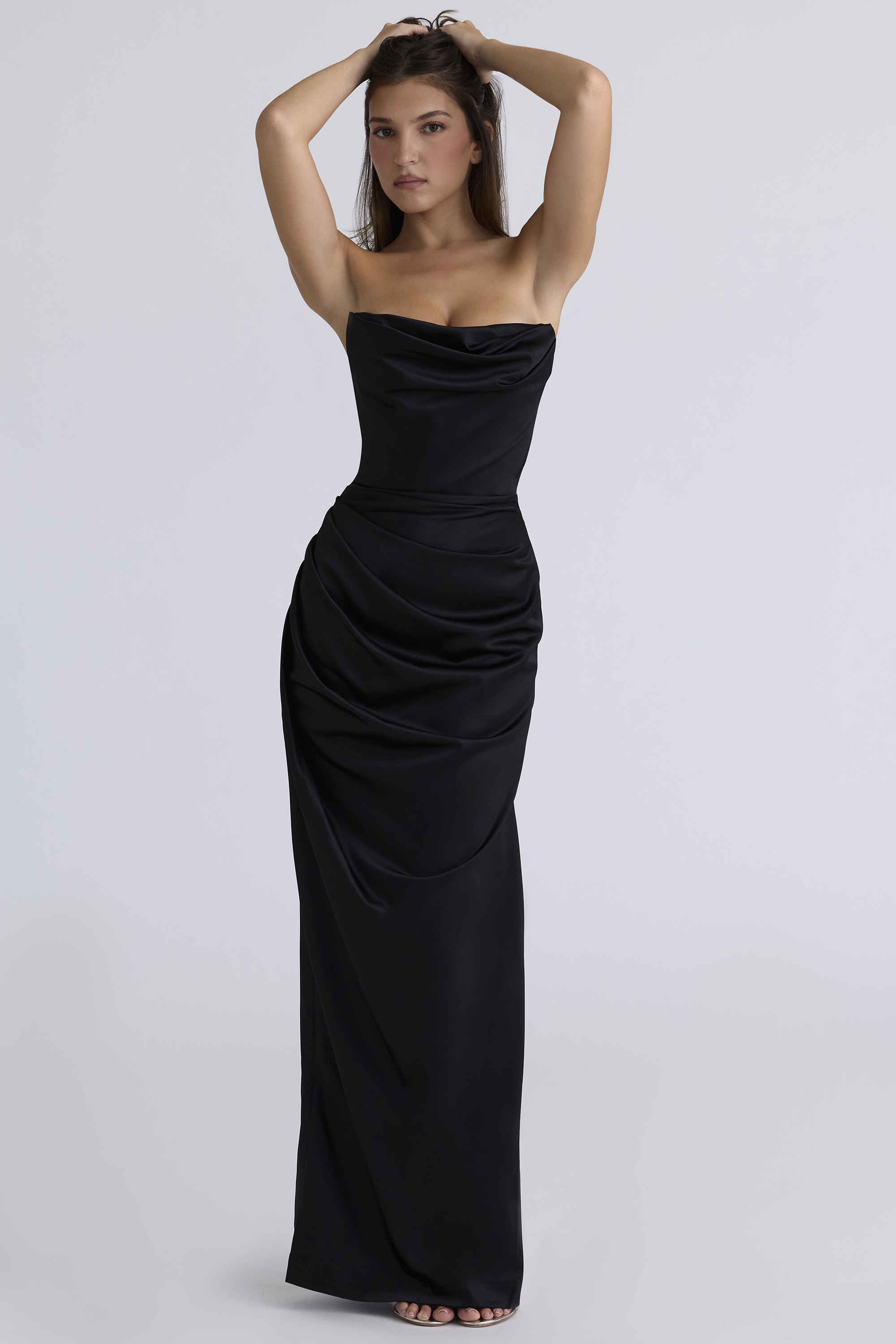Adrienne Black Satin Strapless Corset Maxi