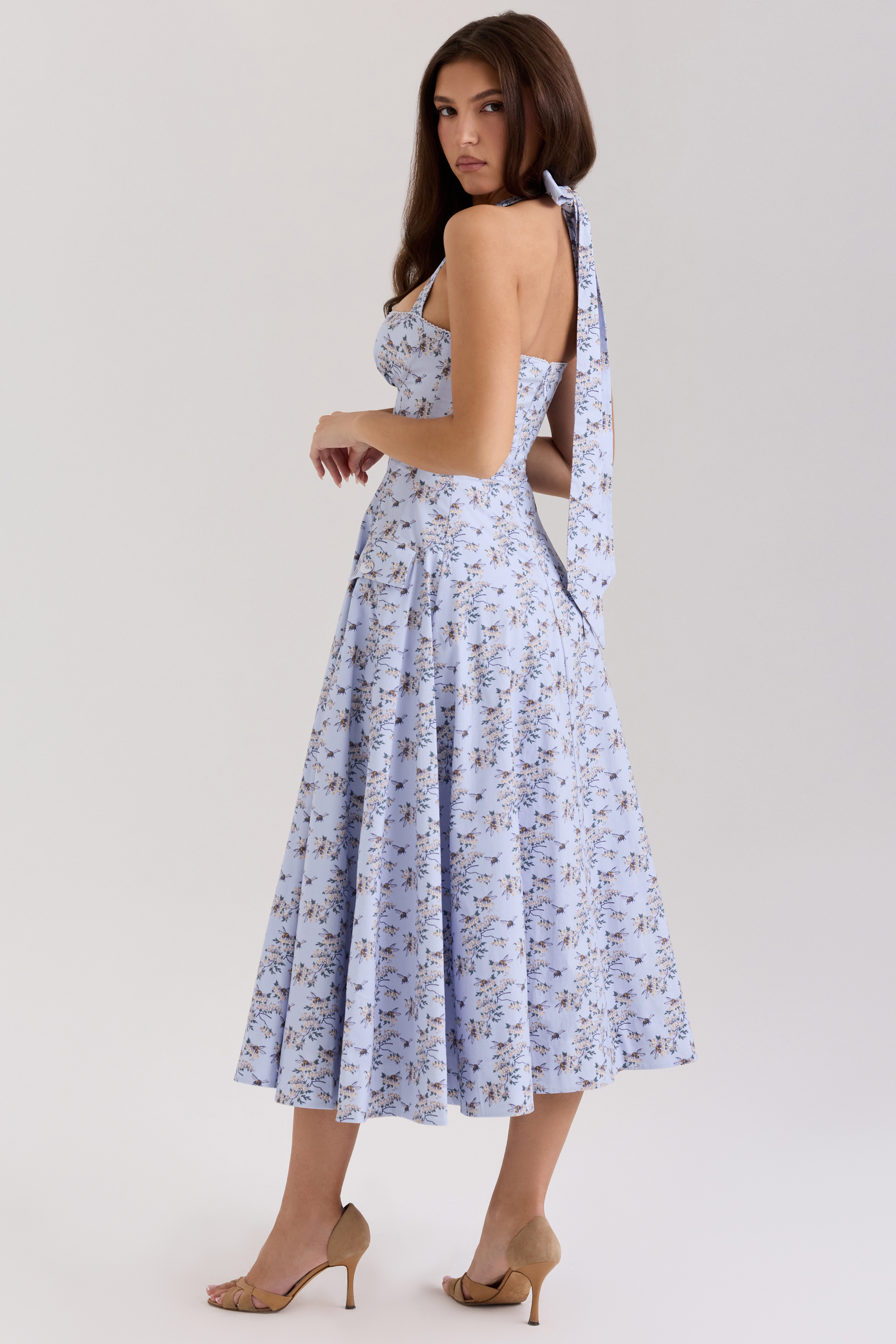 Claudia Blue Floral Print Stretch Cotton Halter Neck Midi Dress