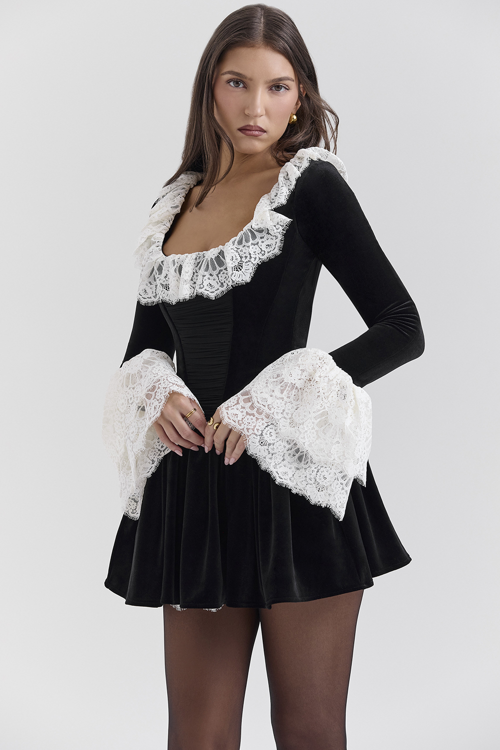 Czarina Black Velvet Lace Trimmed Mini Dress - SALE
